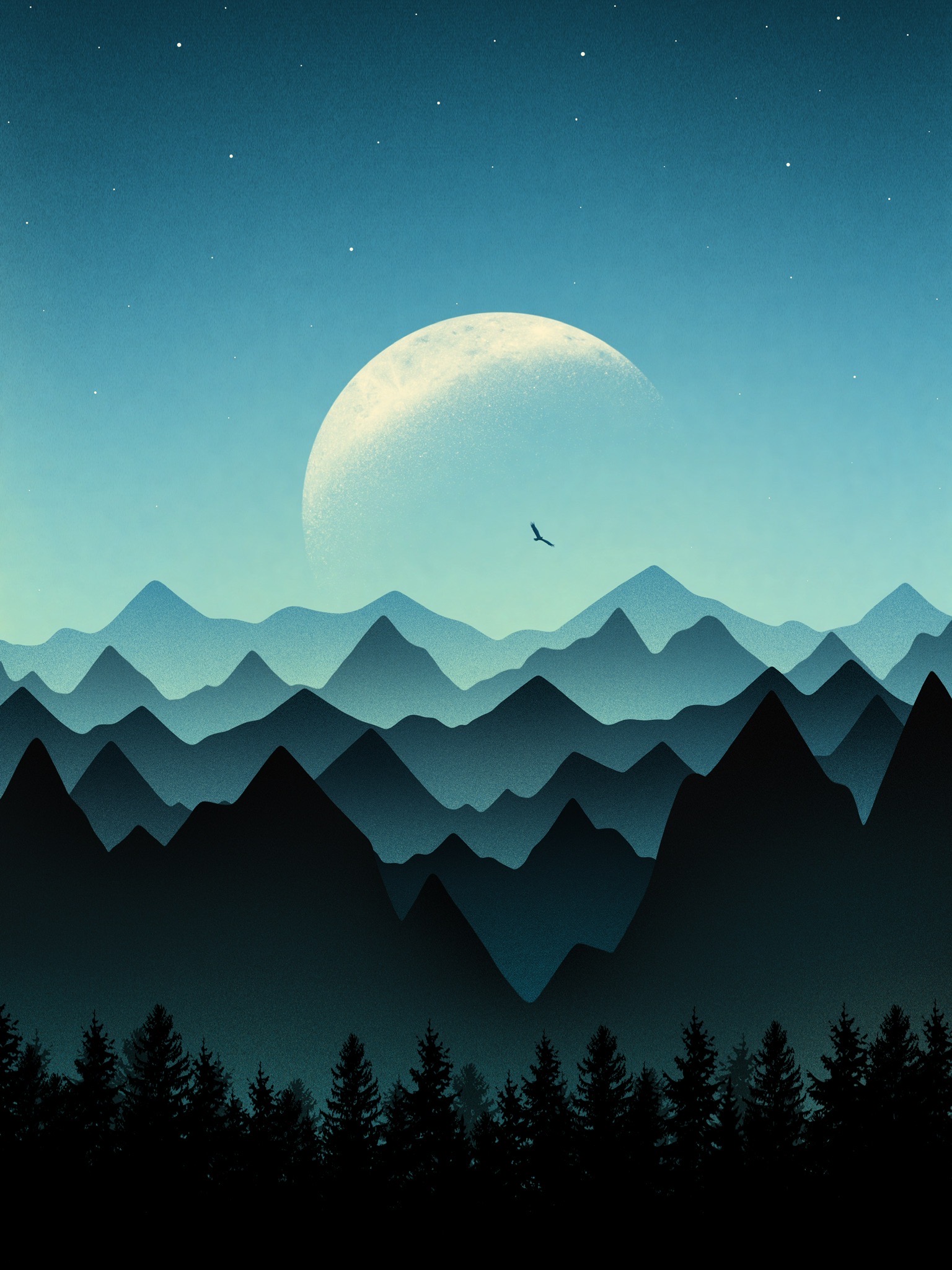 Download mobile wallpaper Vertex, Trees, Tops, Mountains, Art, Moon for free.