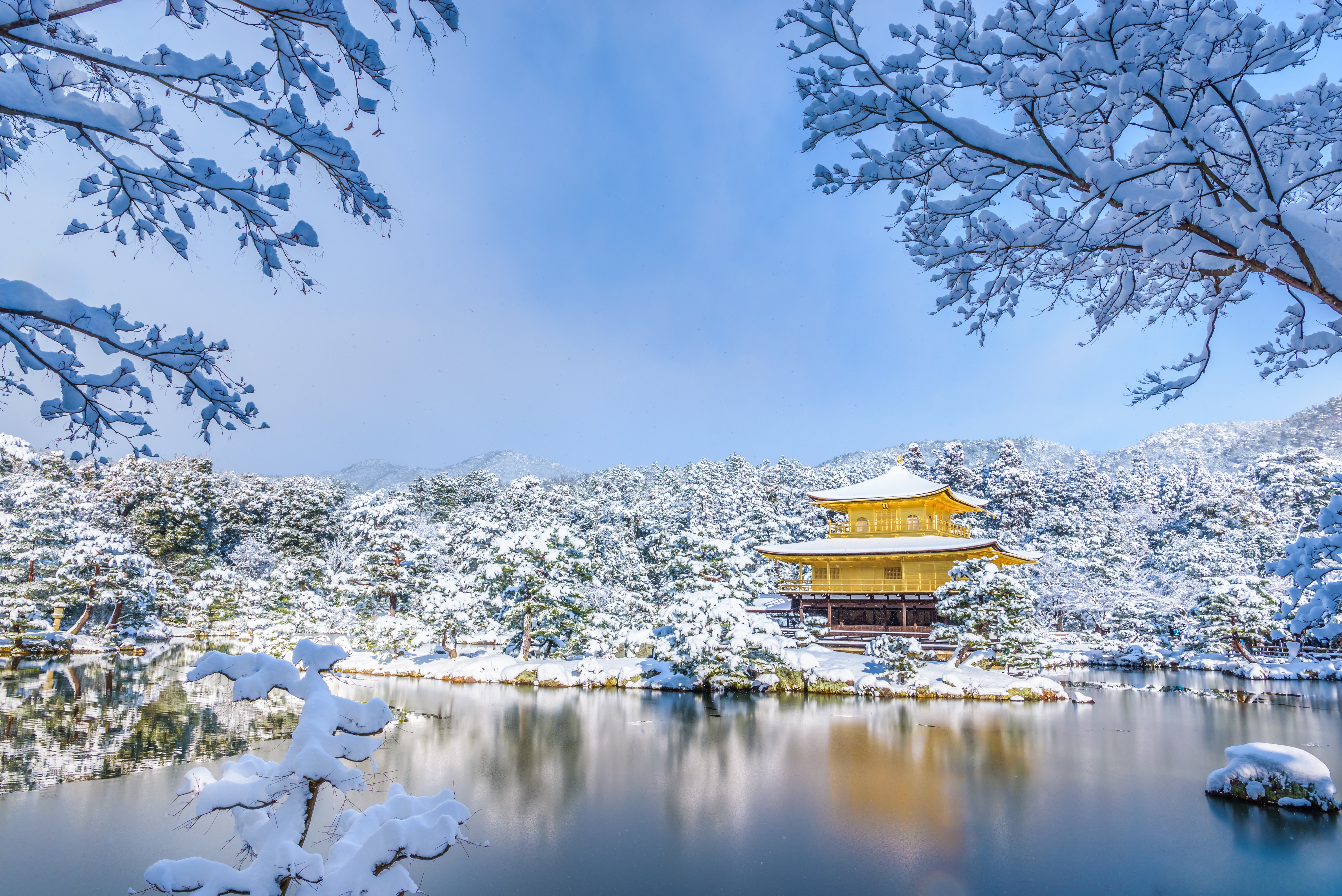 Free download wallpaper Winter, Snow, Reflection, Park, Pagoda, Religious on your PC desktop
