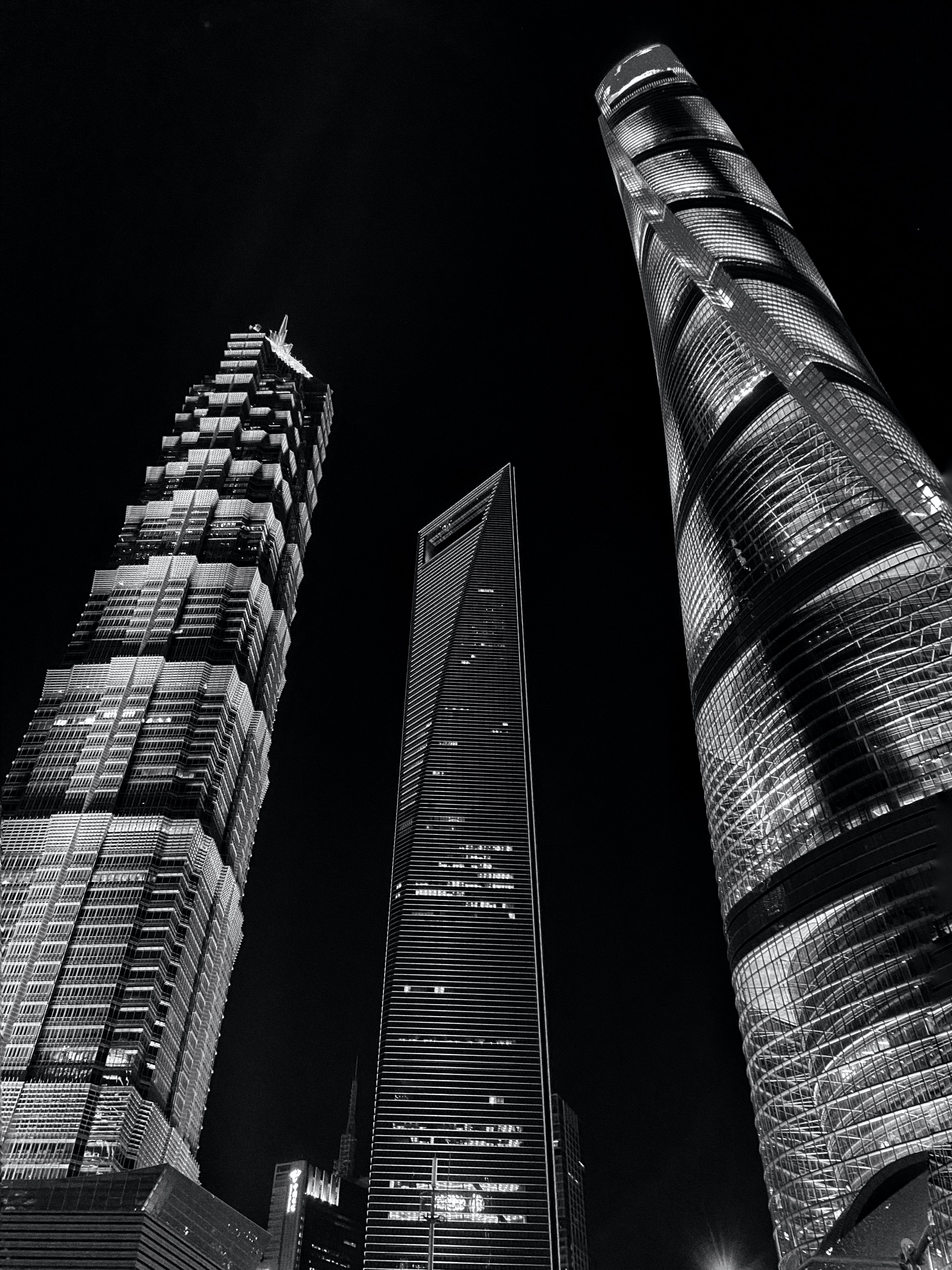 Download mobile wallpaper Cities, City, Chb, Building, Bottom View, Lights, Bw for free.