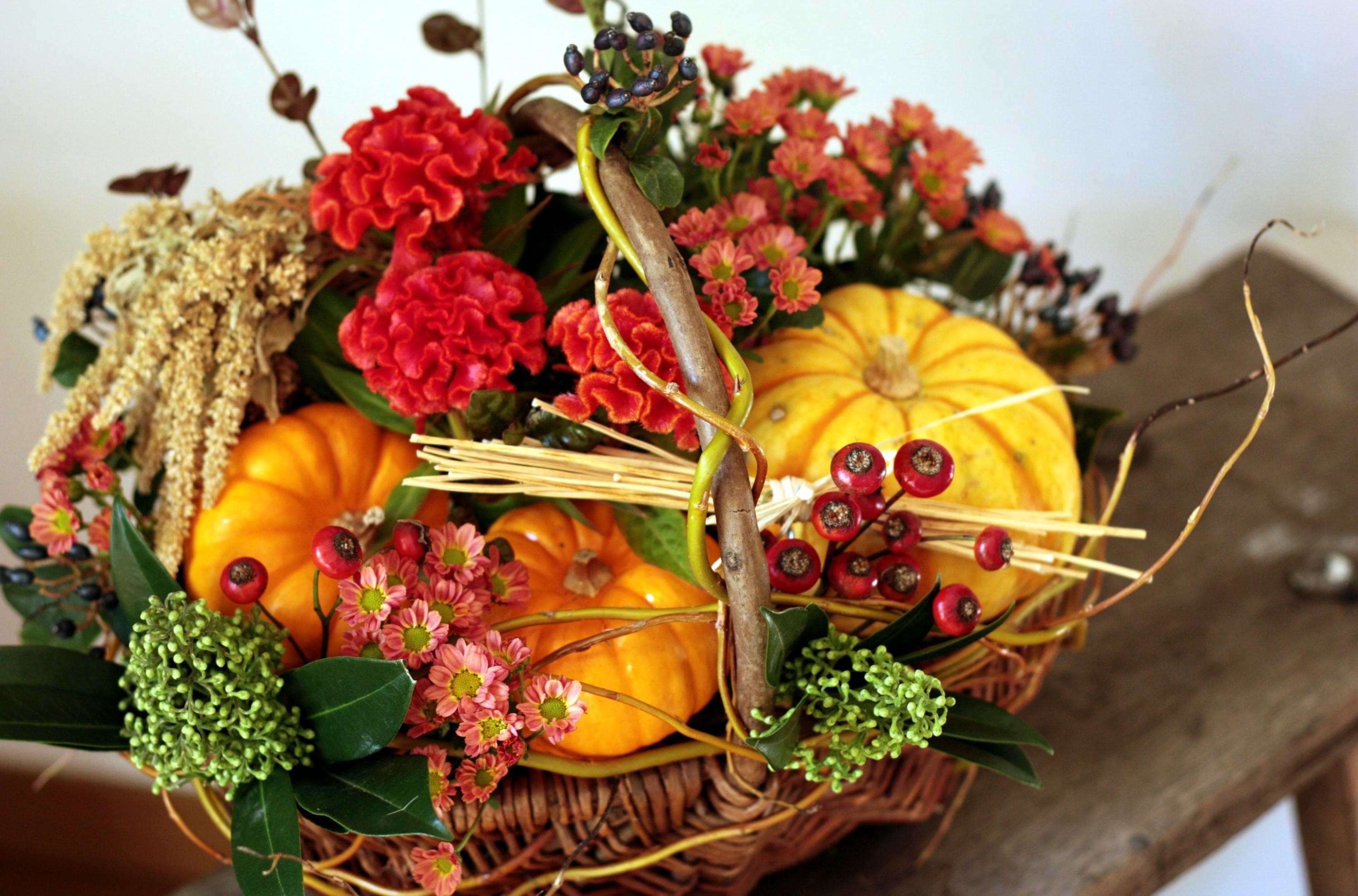 Download mobile wallpaper Basket, Amaranth, Flowers, Composition, Berries, Pumpkin for free.
