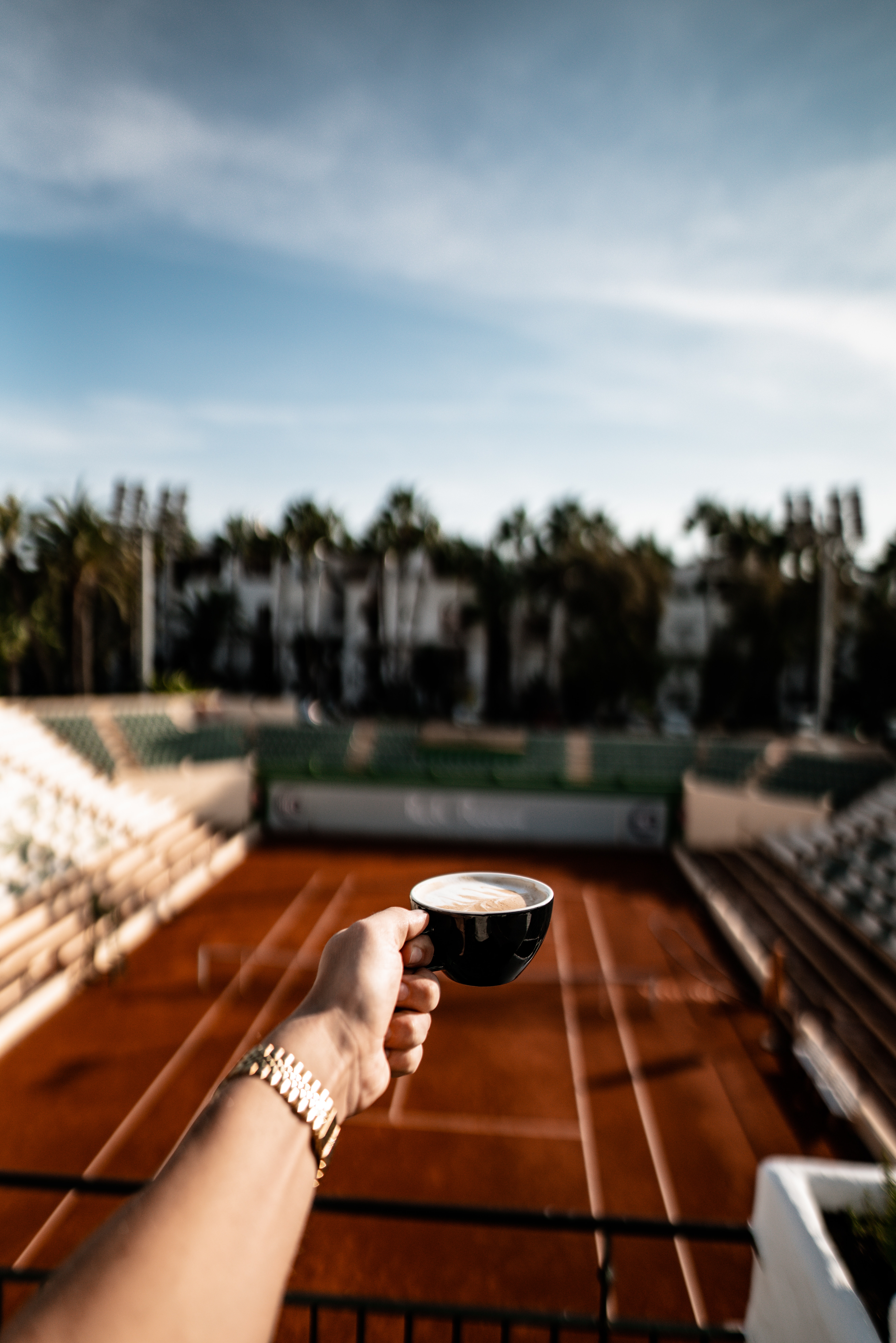 miscellanea, coffee, hand, miscellaneous, cup, tennis court Panoramic Wallpaper