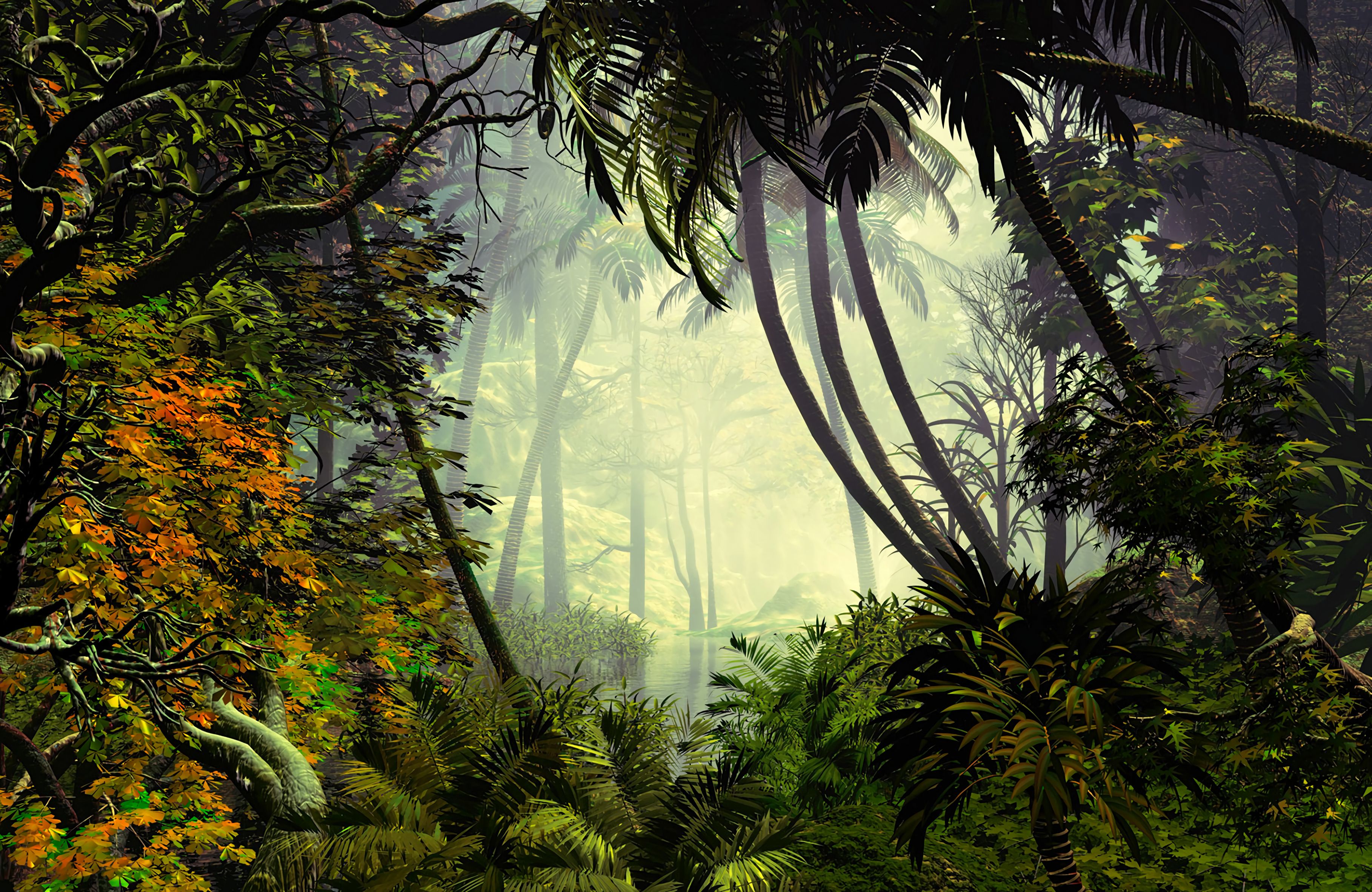 trees, art, jungle, palms, fog for android