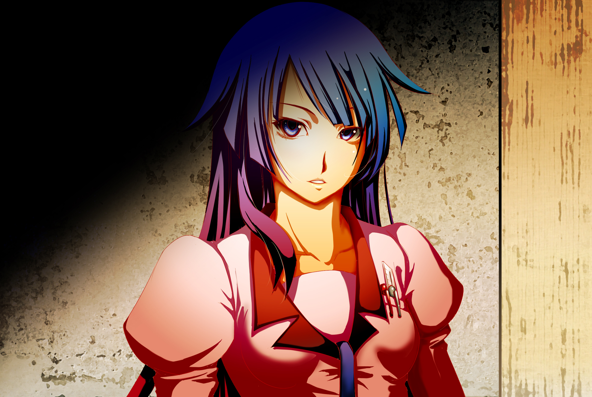 bakemonogatari, anime, monogatari (series), blue eyes, hitagi senjōgahara, long hair, purple hair Smartphone Background