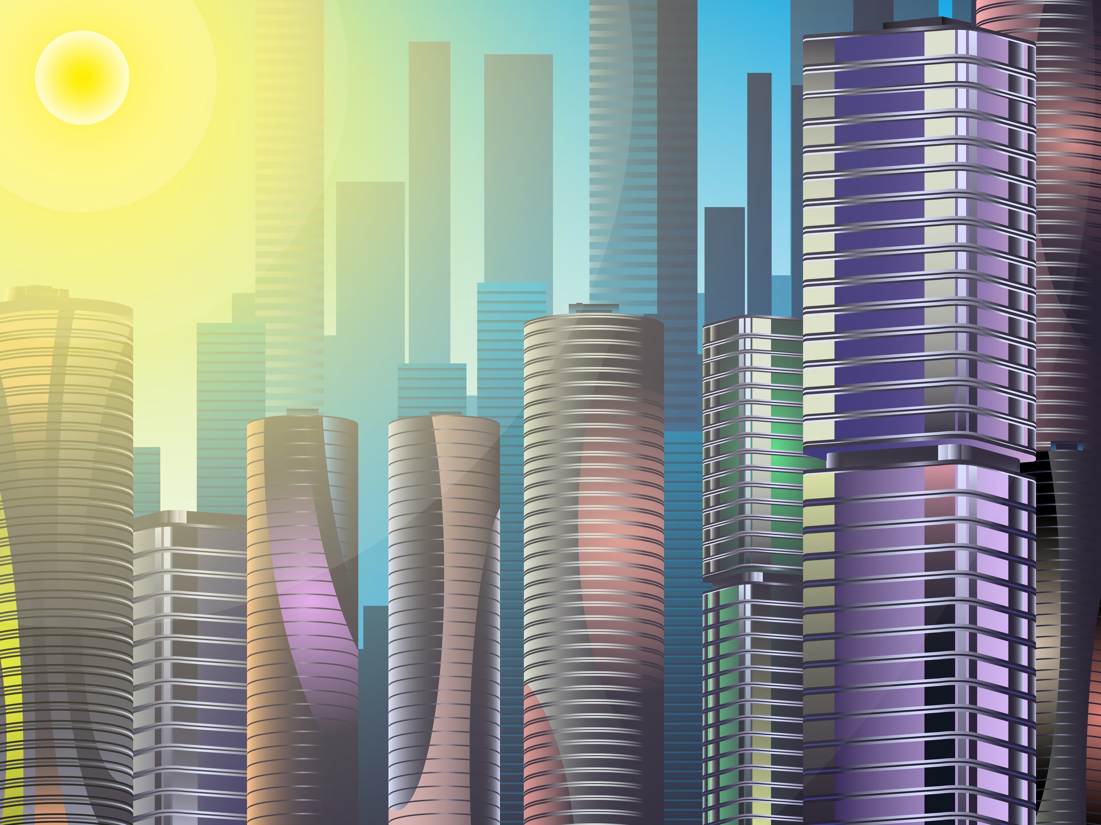 Download mobile wallpaper Sun, Skyscrapers, City, Building, Art for free.
