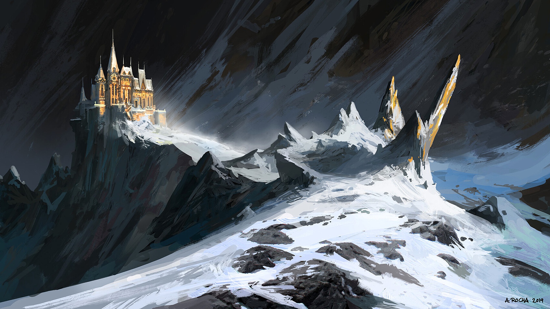 Замок в заснеженных горах арт