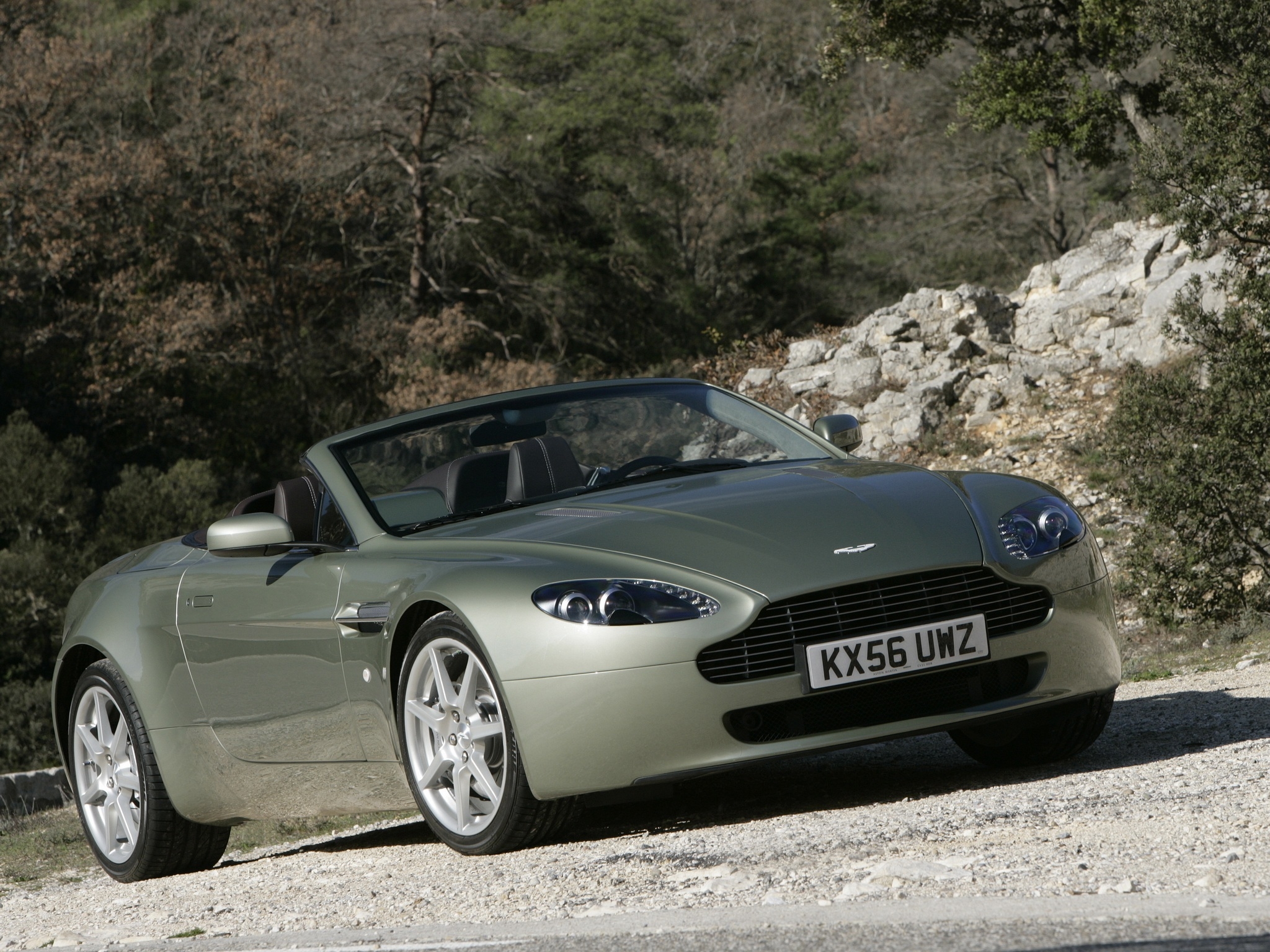 forest, aston martin, cars, side view, style, cabriolet, v8, vantage, 2006, beige Full HD