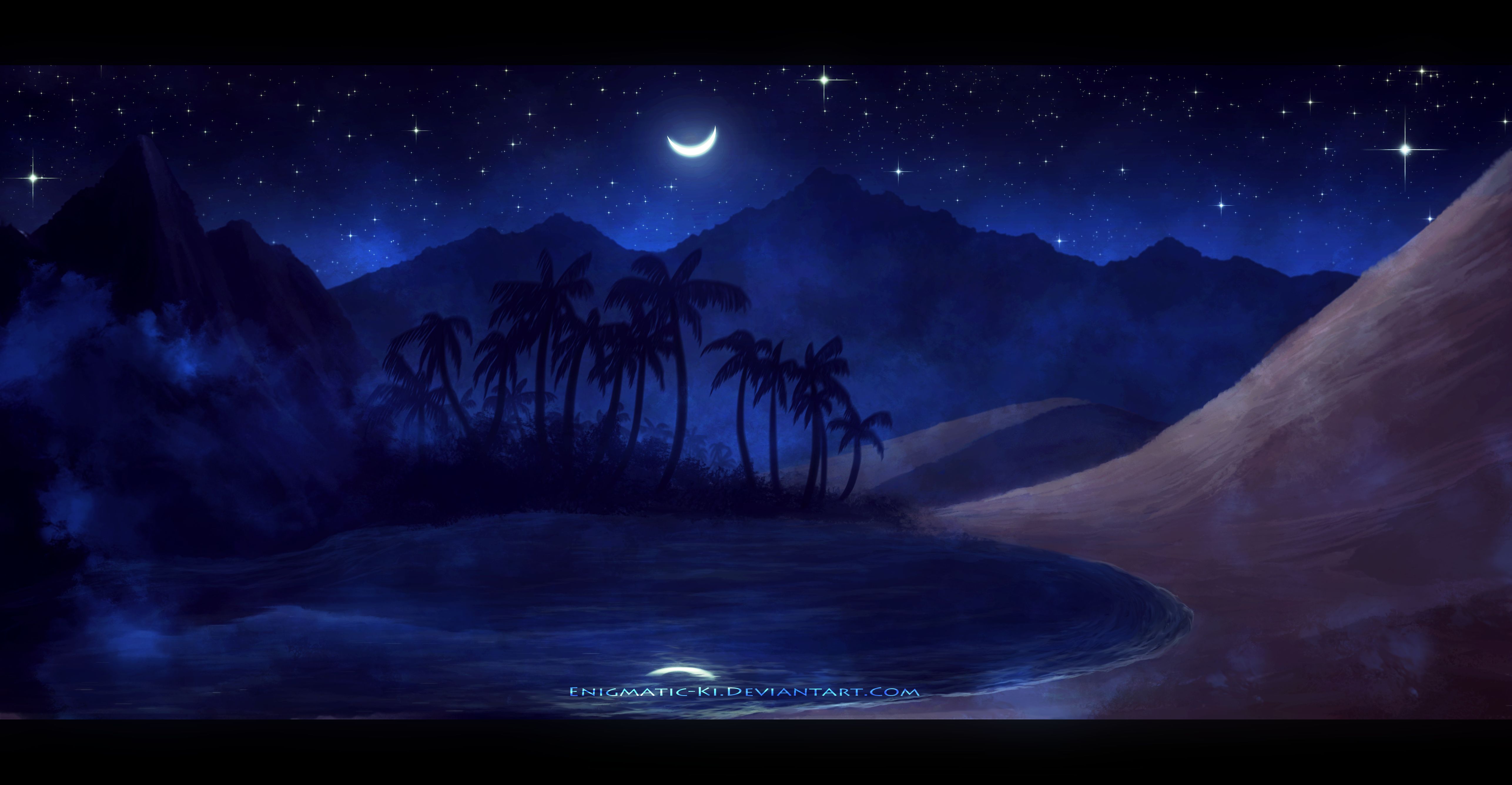 fantasy, landscape, desert, oasis, palm tree 4K for PC
