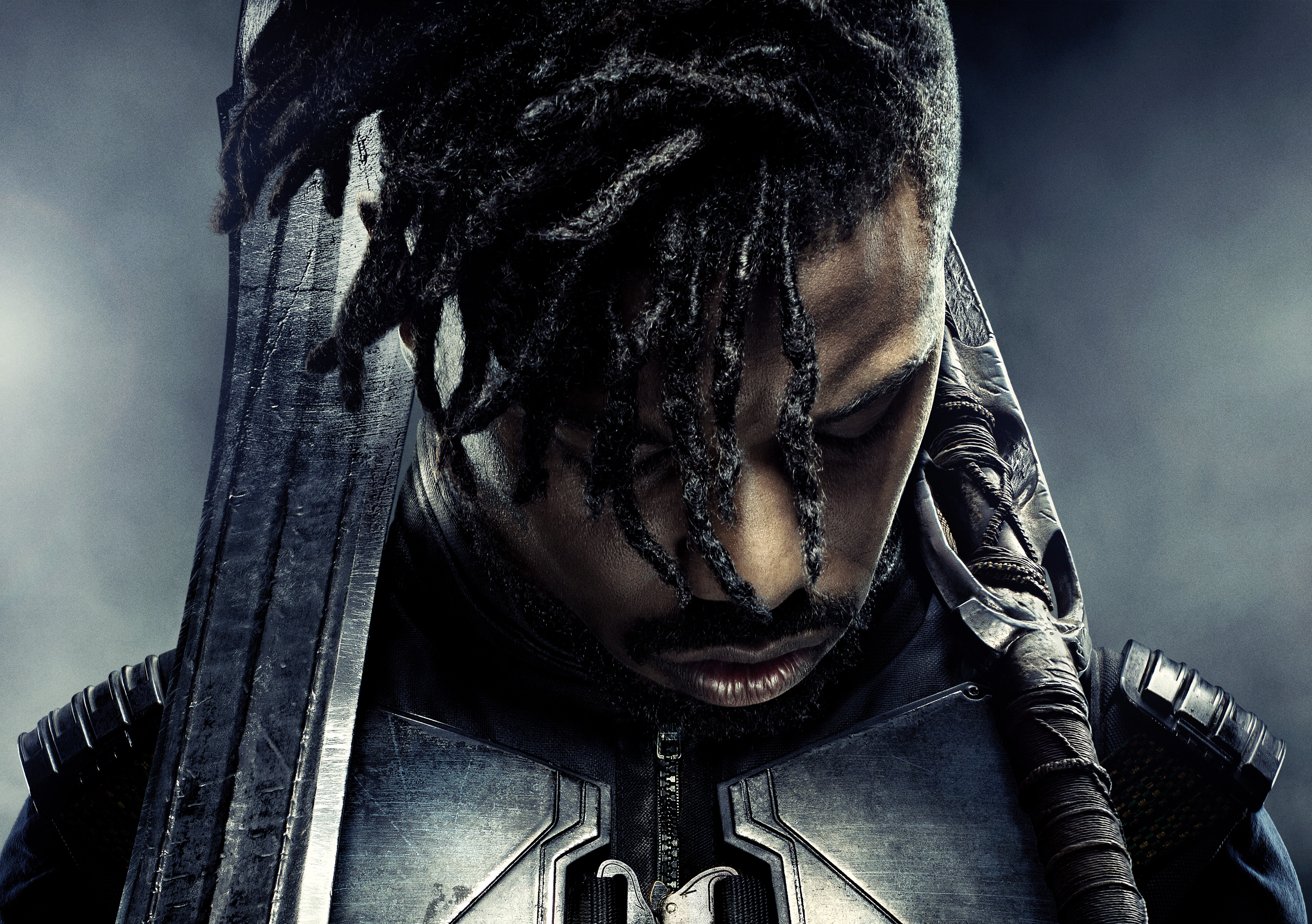black panther, erik killmonger, michael b jordan, movie, black hair, black panther (movie), sword, weapon
