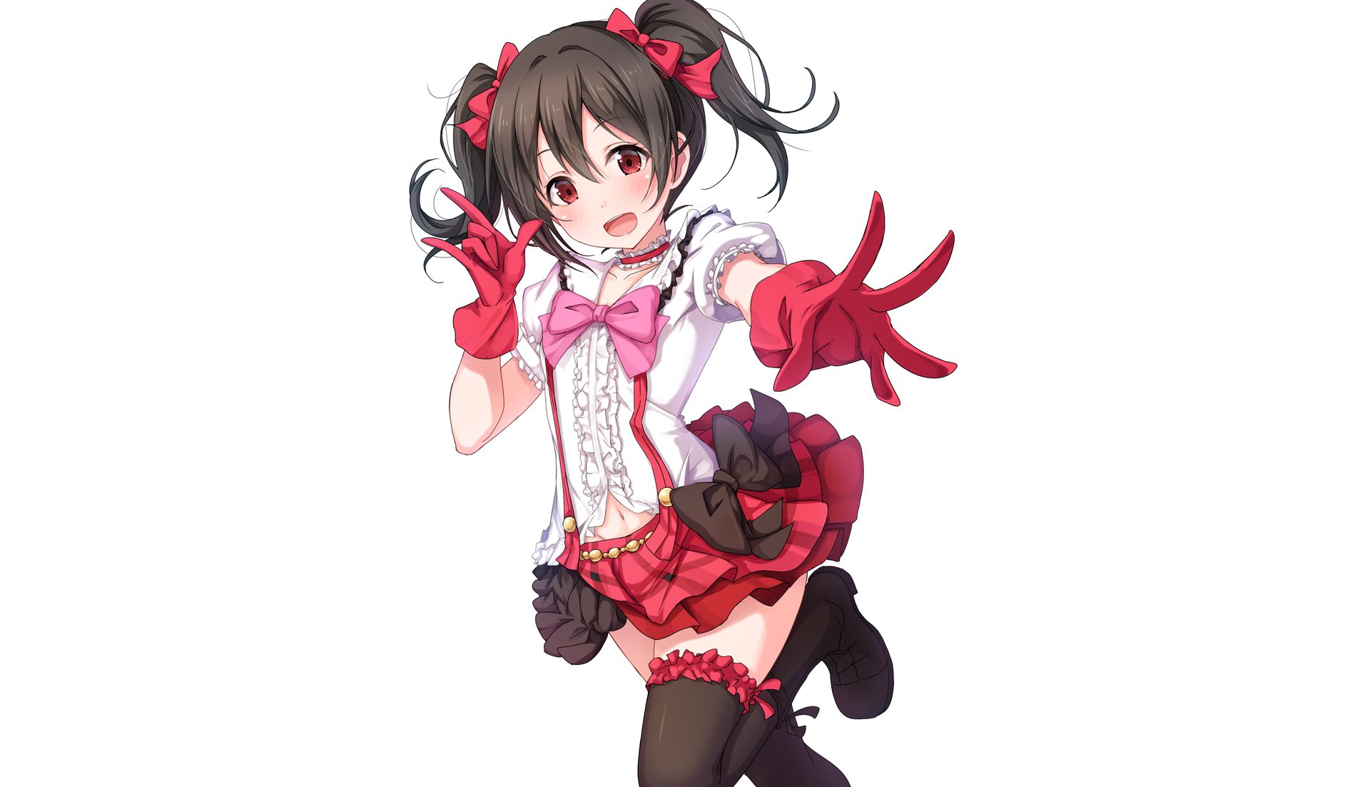 anime, love live!, blush, boots, bow (clothing), brown hair, collar, glove, nico yazawa, red eyes, skirt, smile, thigh highs, twintails 5K