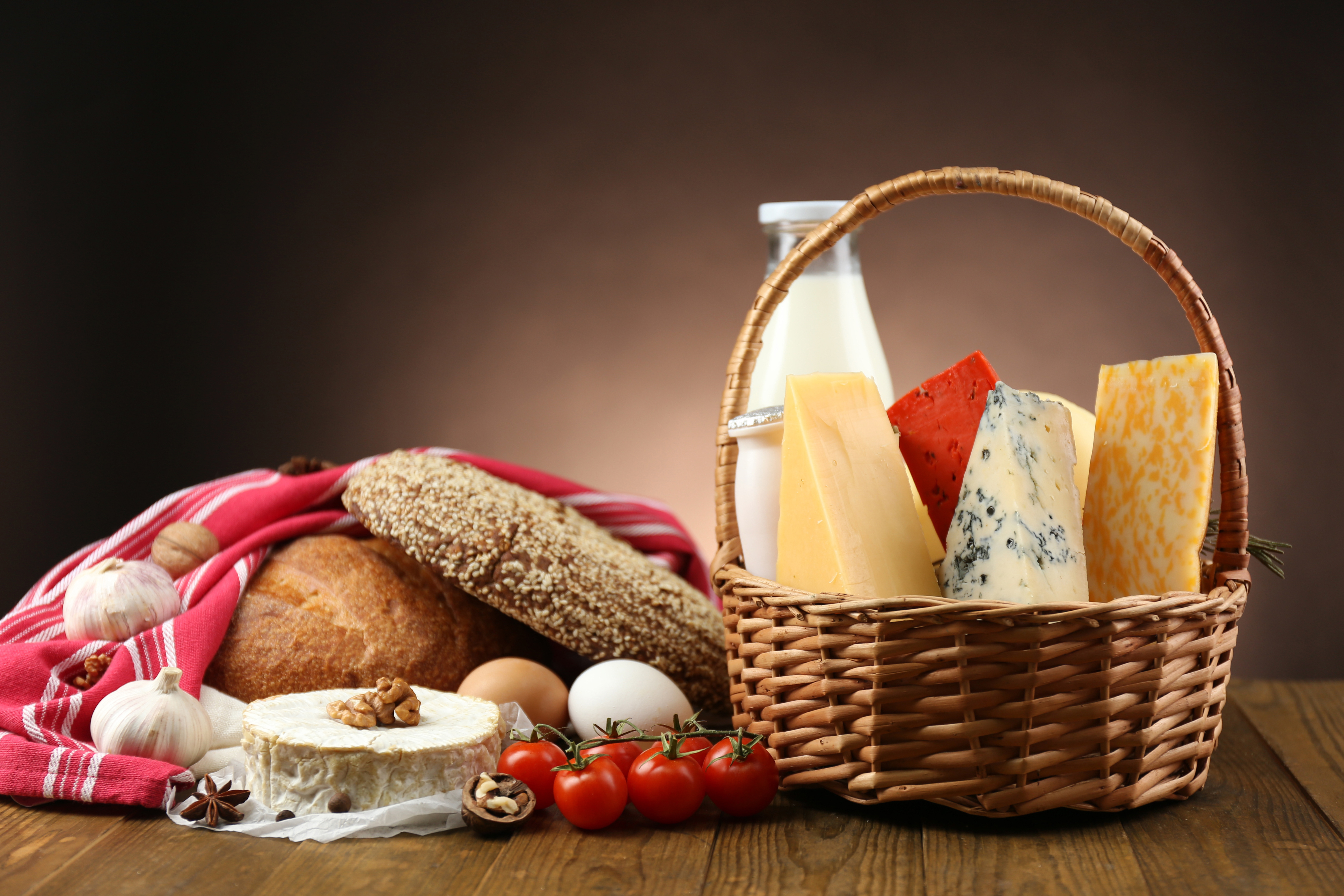 food, still life, basket, bread, cheese, egg, garlic, milk, tomato, walnut