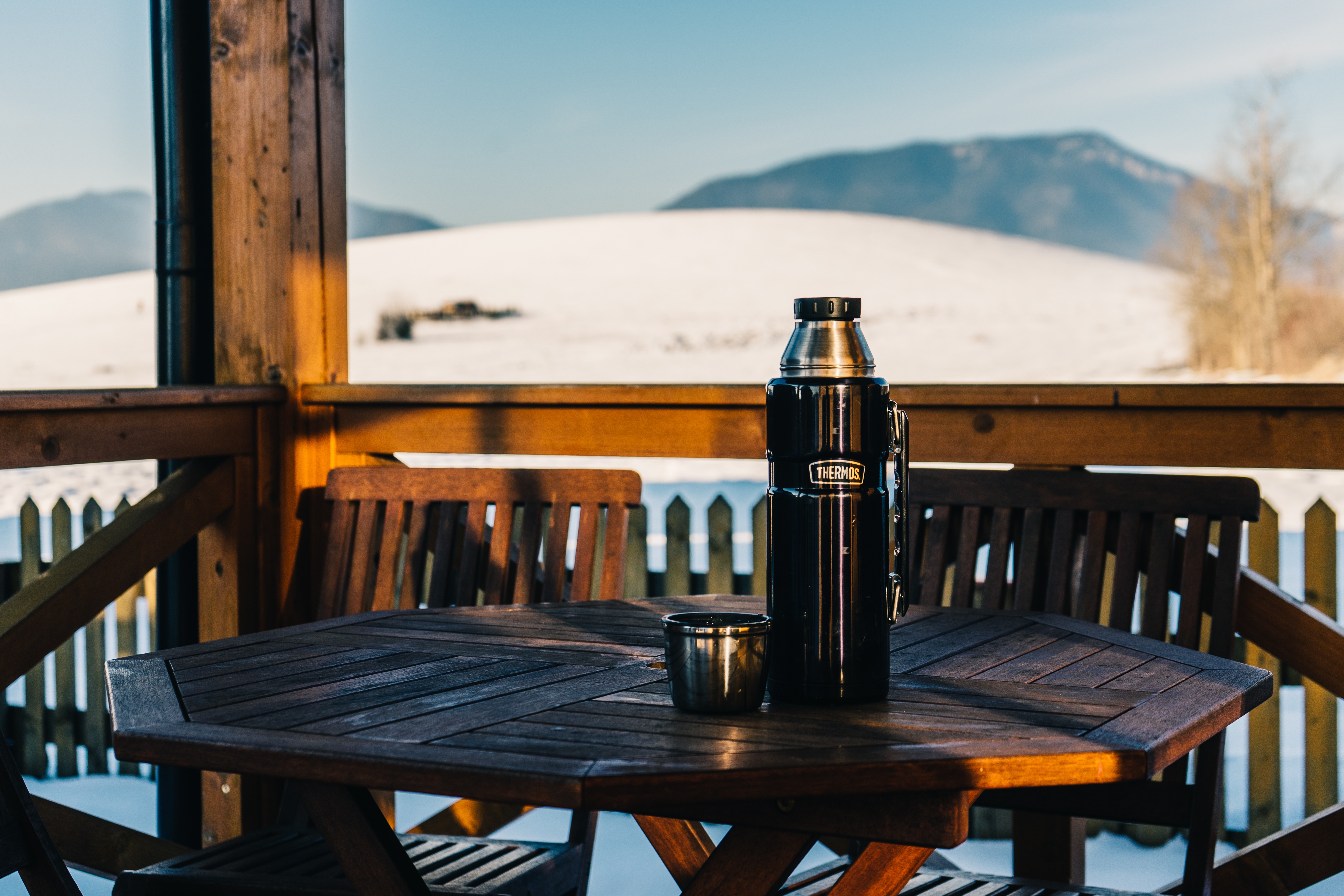 Full HD Wallpaper food, mountains, table, thermos, resort