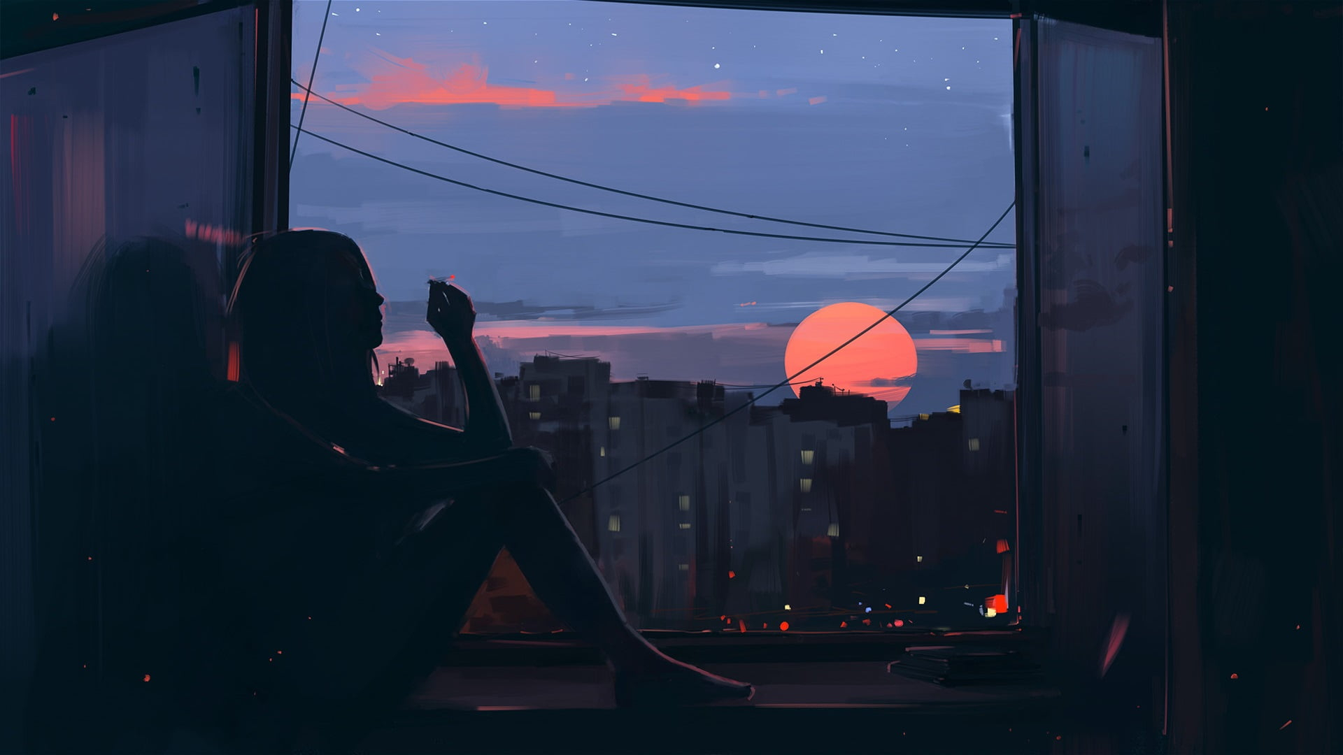 Девушка у окна закат