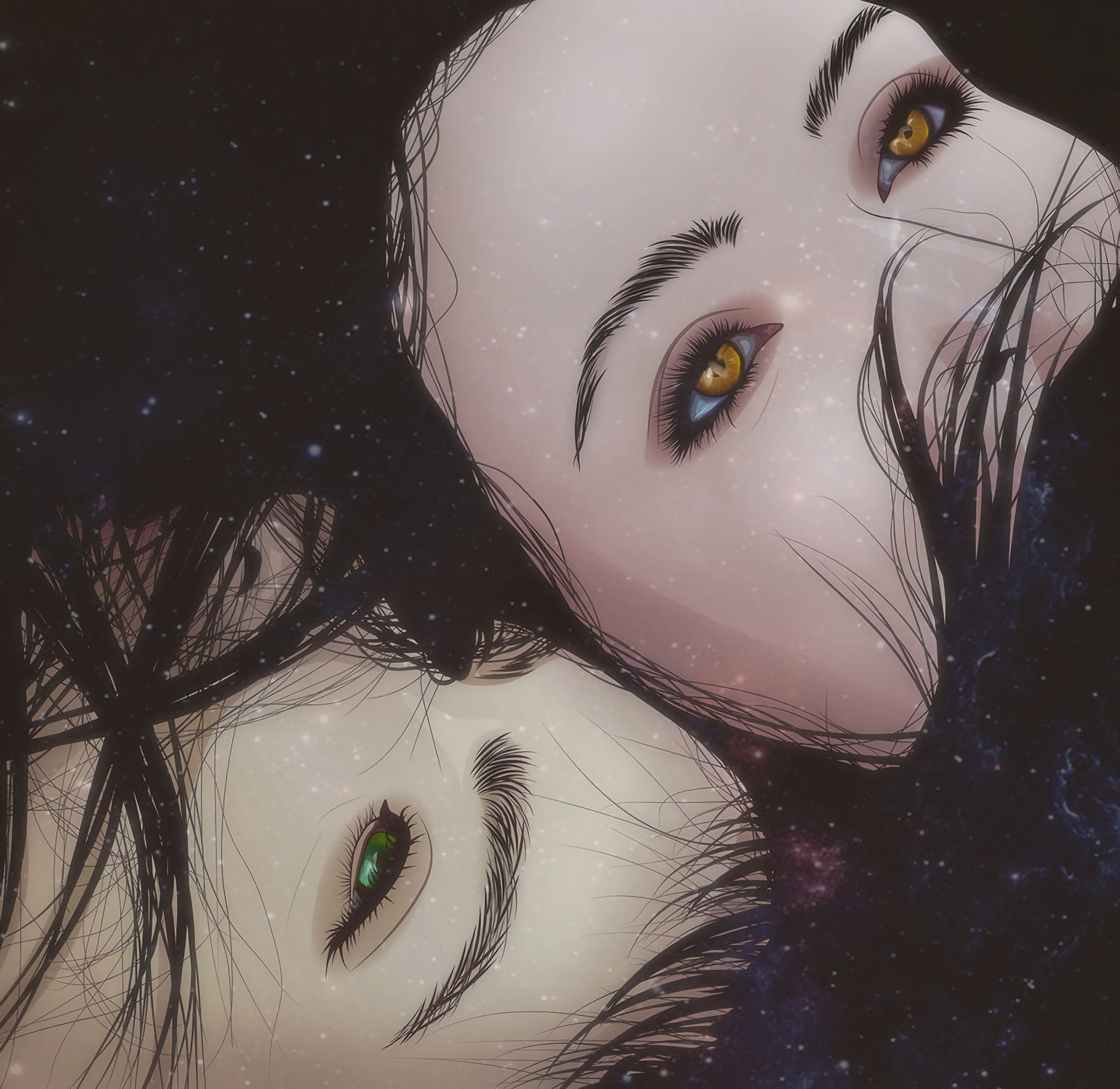 Download mobile wallpaper Eyes, Cosmic, Hair, Face, Art, Space, Girl, Vector for free.