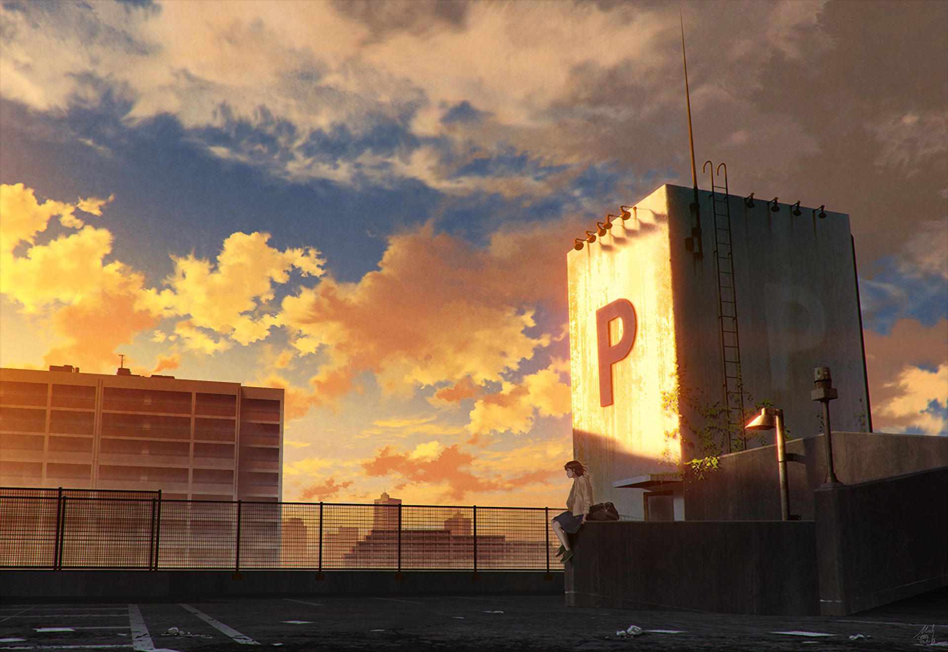 Girl sitting on rooftop watching beautiful sunset over city. Anime style  wallpaper. AI Stock Illustration | Adobe Stock