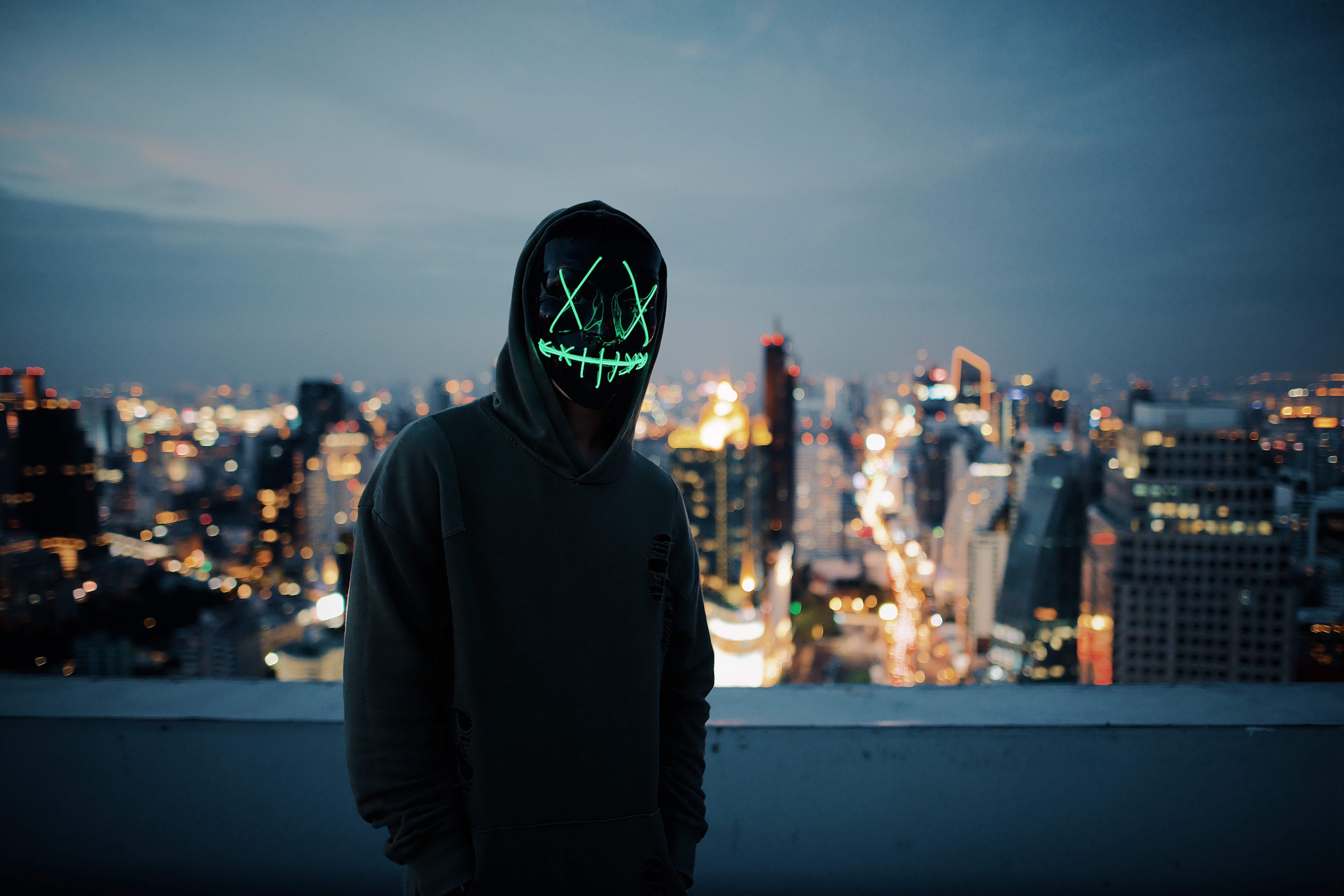 hoodies, mask, anonymous, dark, city, glow, hoodie, hood HD wallpaper