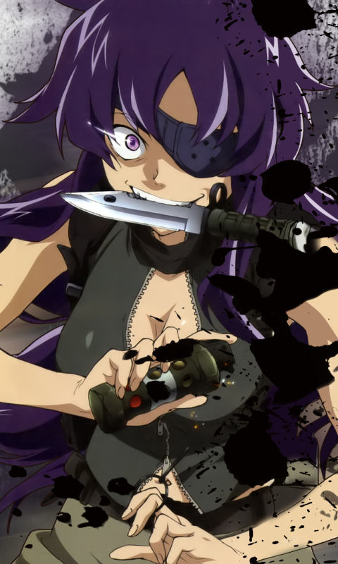 anime, mirai nikki, purple hair, purple eyes, future diary, grenade, weapon, eye patch, knife, long hair, minene uryu