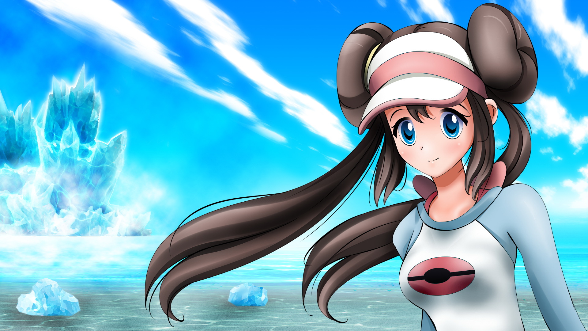 video game, pokemon: black and white 2, blue eyes, blush, brown hair, cap, ice, long hair, pokémon, rosa (pokemon), sky, smile HD wallpaper