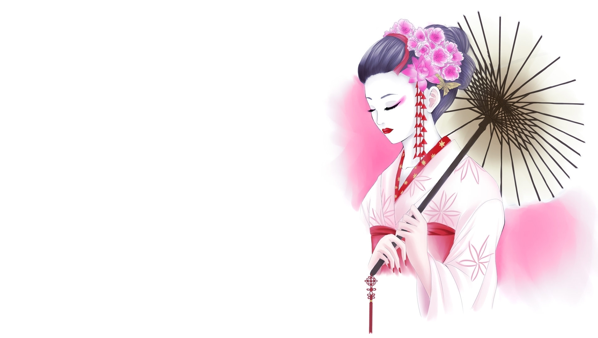 kimono, white, artistic, oriental, flower, geisha, pattern, umbrella 4K Ultra