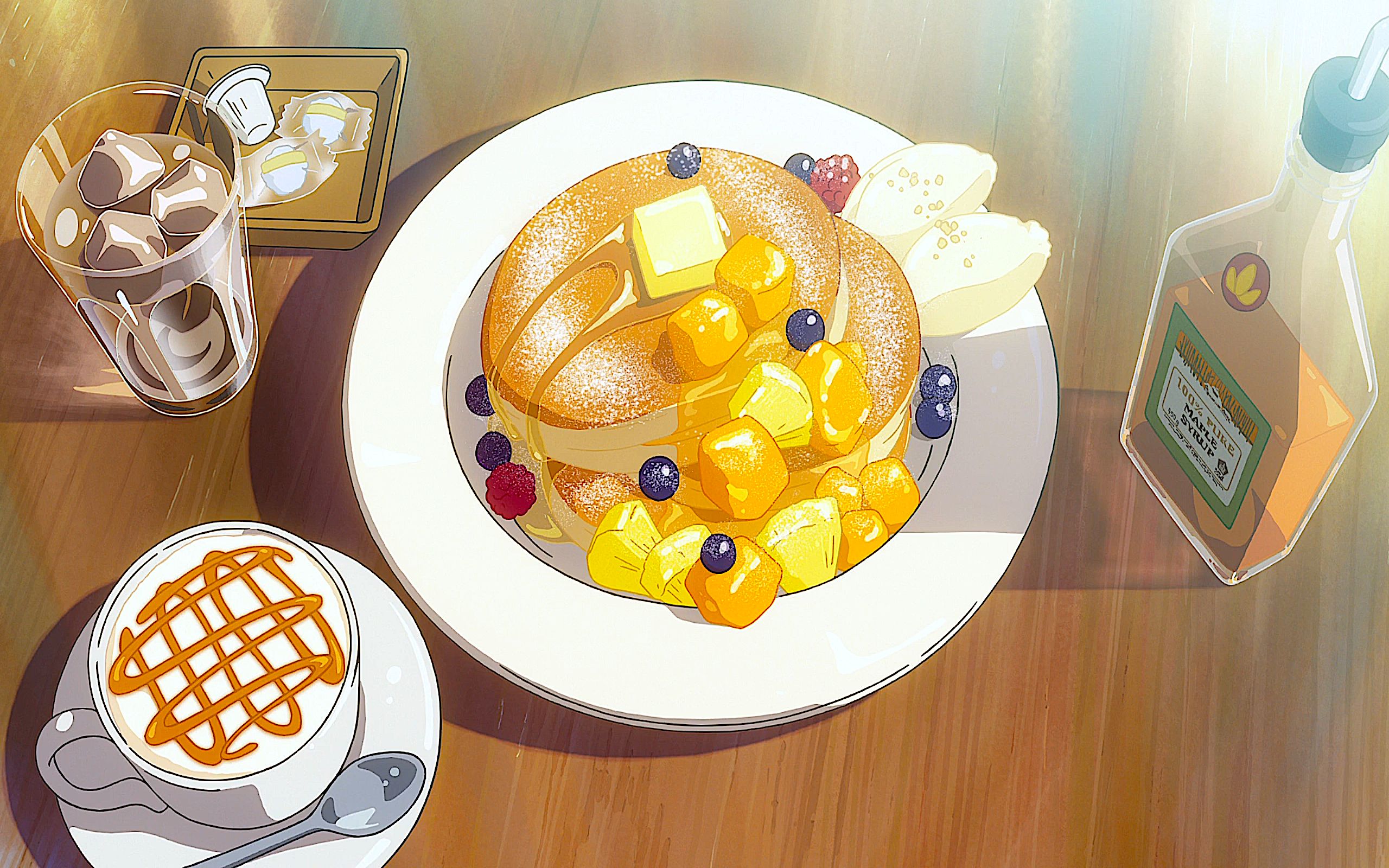 anime, your name, blueberry, coffee, food, kimi no na wa, maple syrup, pancake