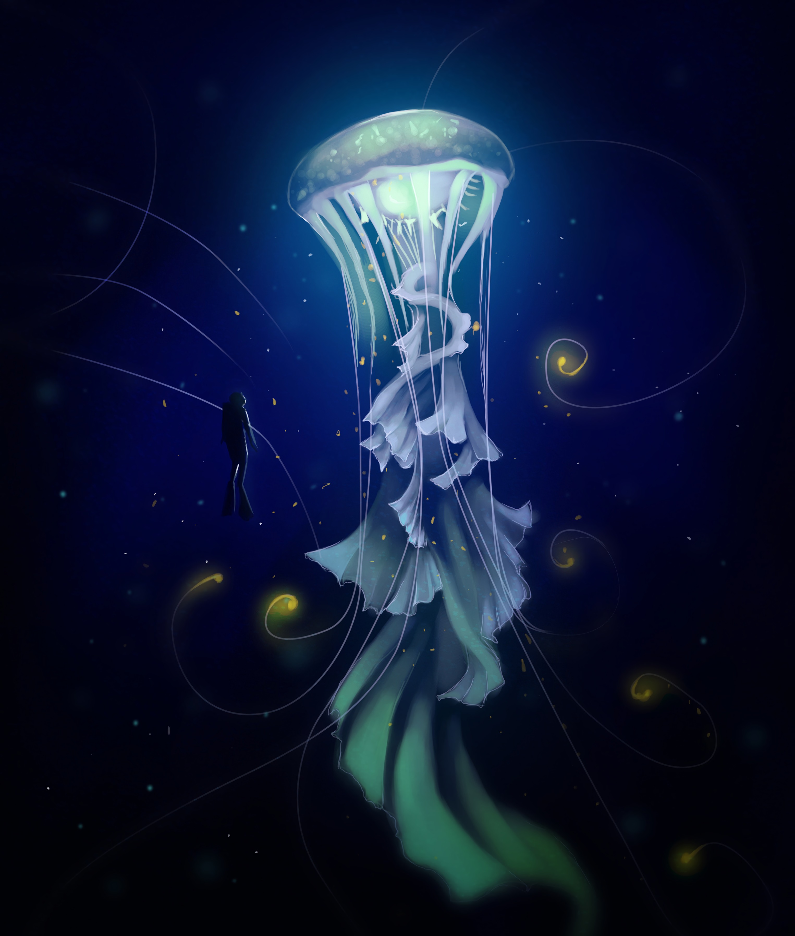 depth, art, sea, jellyfish, diver lock screen backgrounds