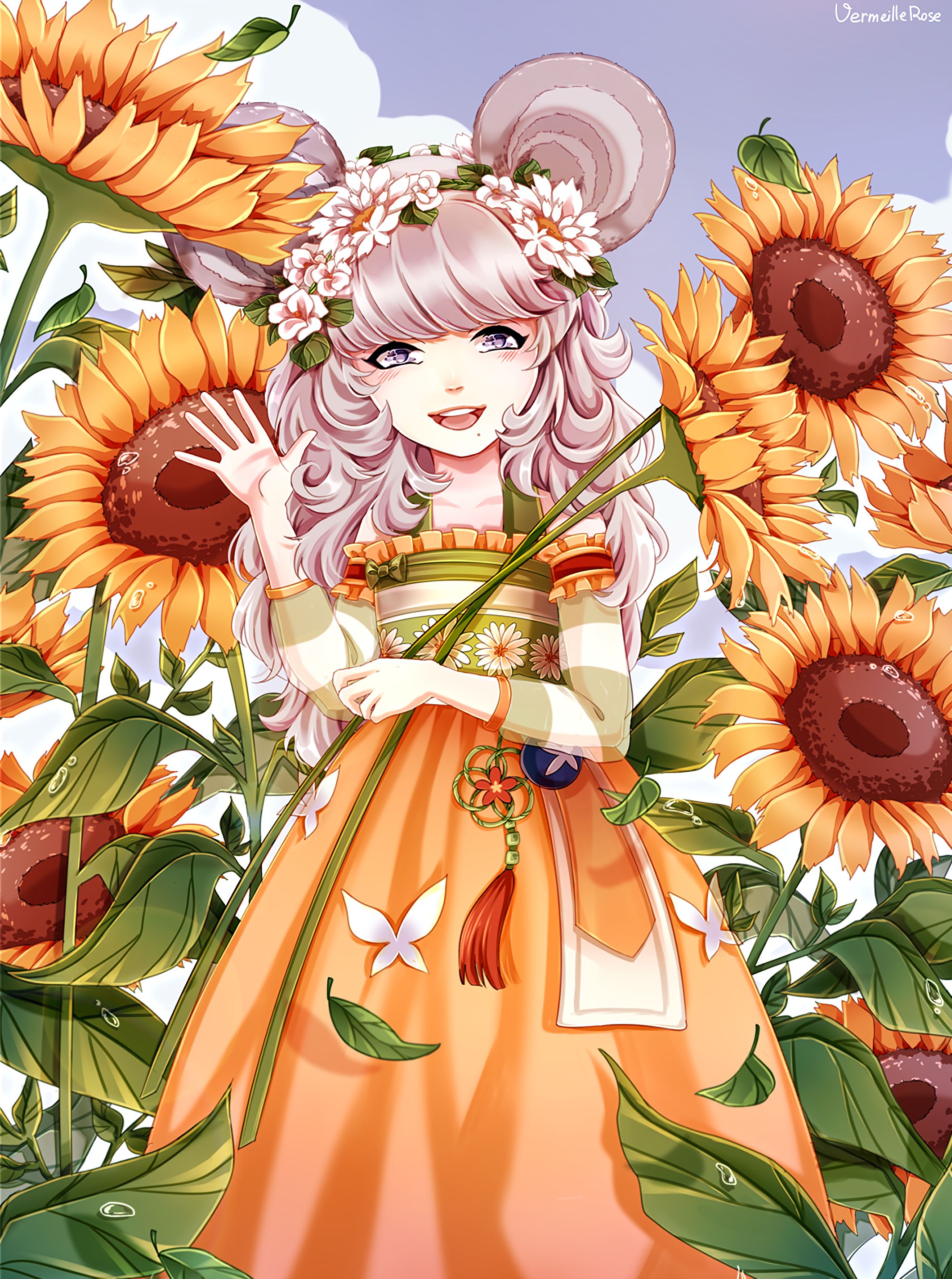 Free download wallpaper Sunflowers, Girl, Art, Anime on your PC desktop