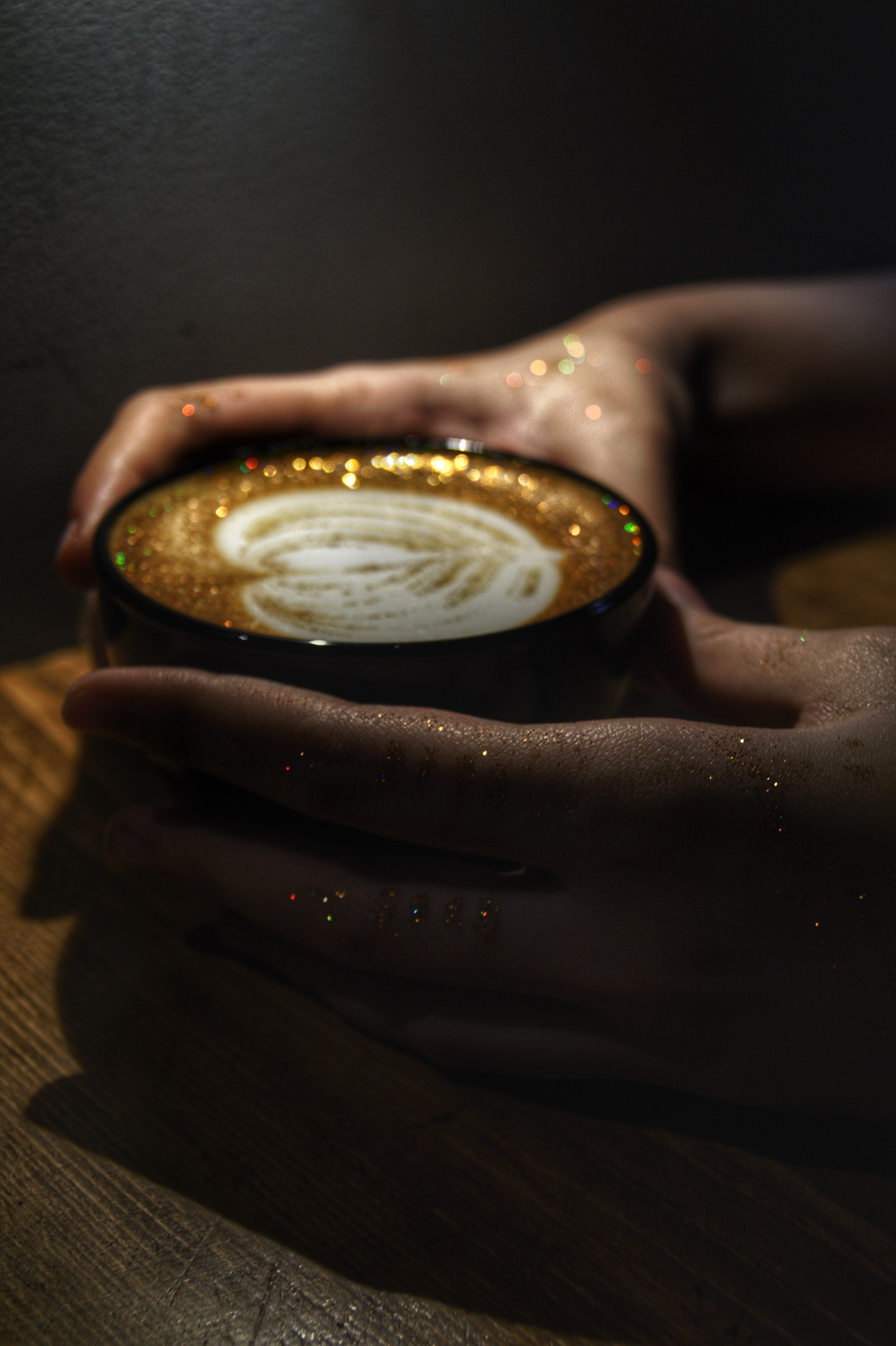 food, coffee, cup, hands, tinsel, sequins, cappuccino, mug Smartphone Background