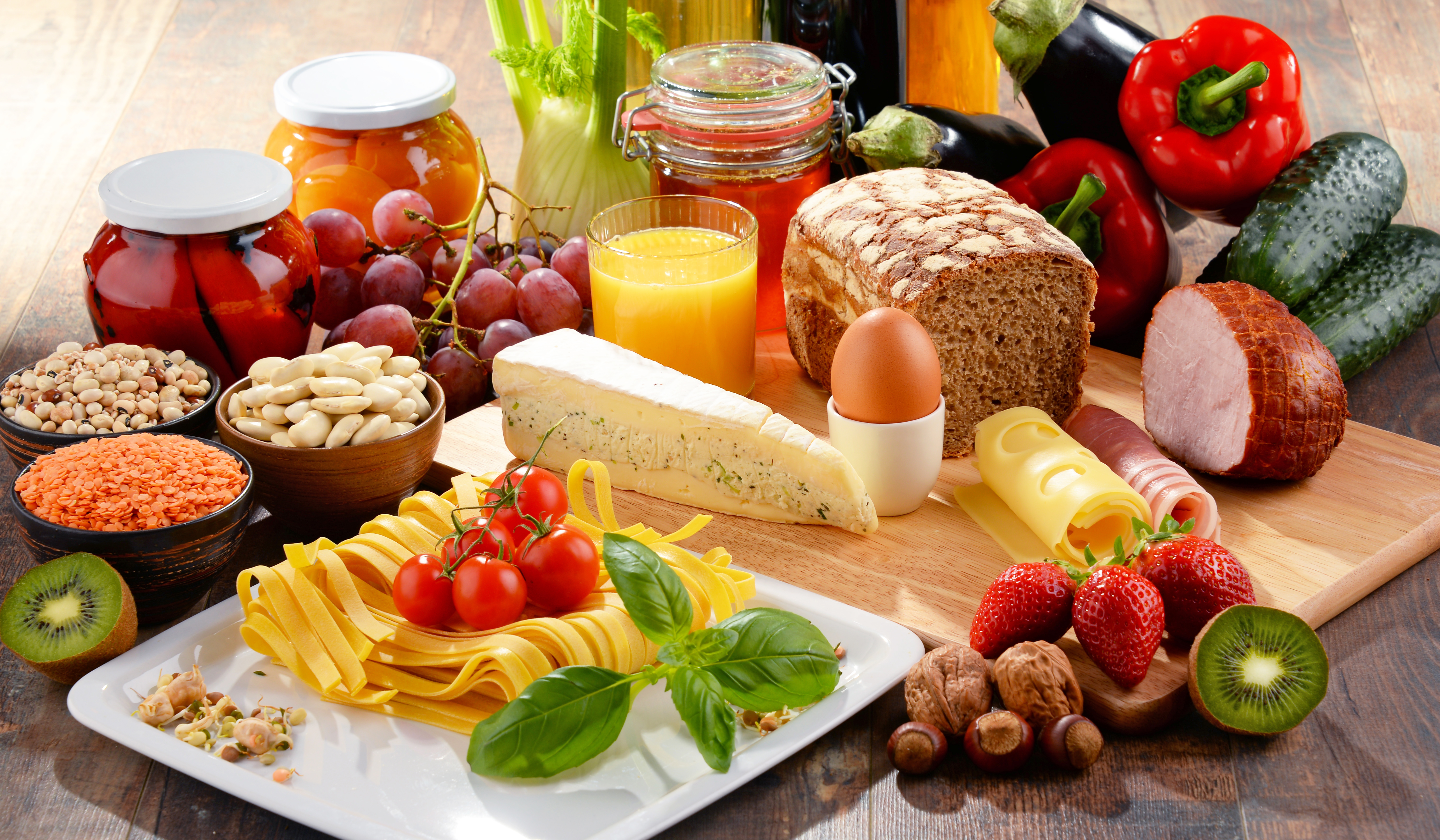 vertical wallpaper nut, food, still life, bread, cheese, fruit, meat, pasta, vegetable