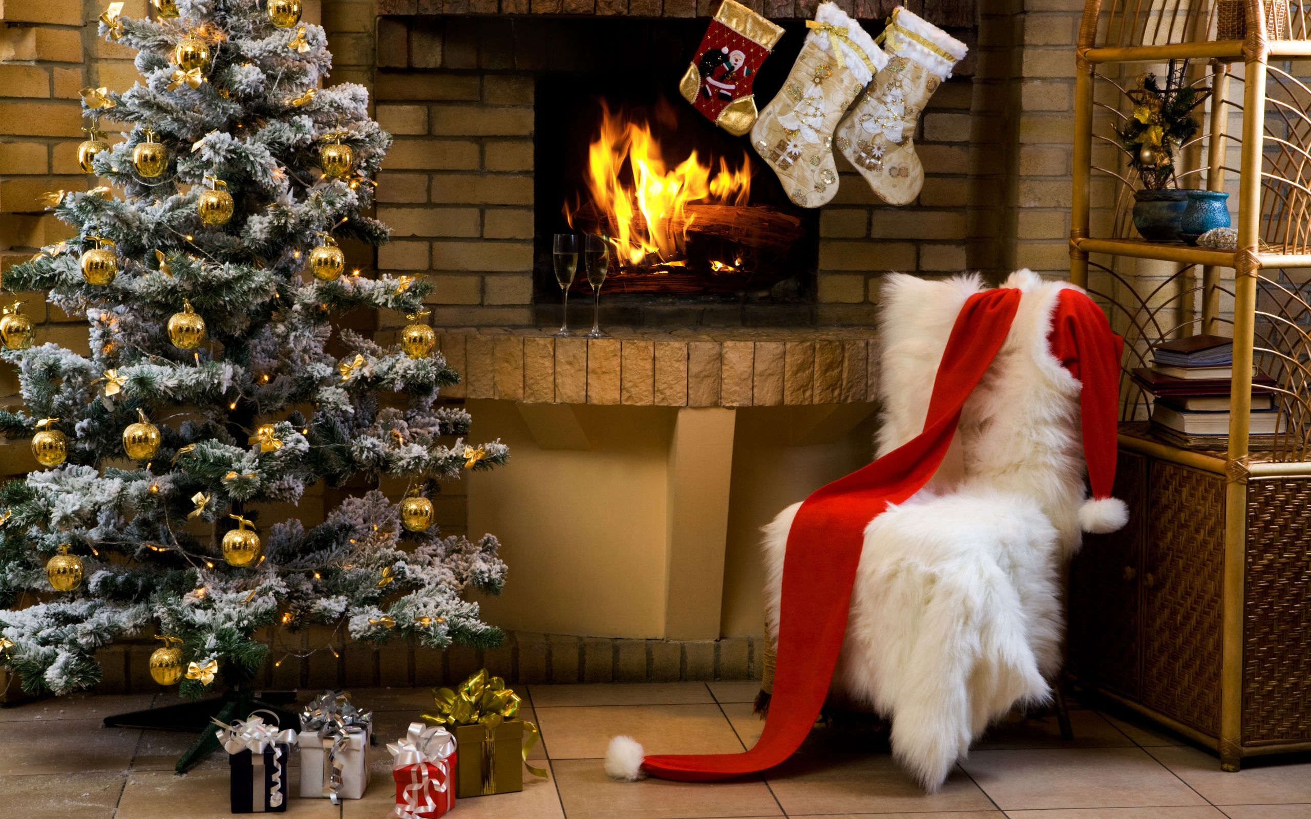 holiday, christmas, christmas ornaments, christmas tree, fireplace, santa hat