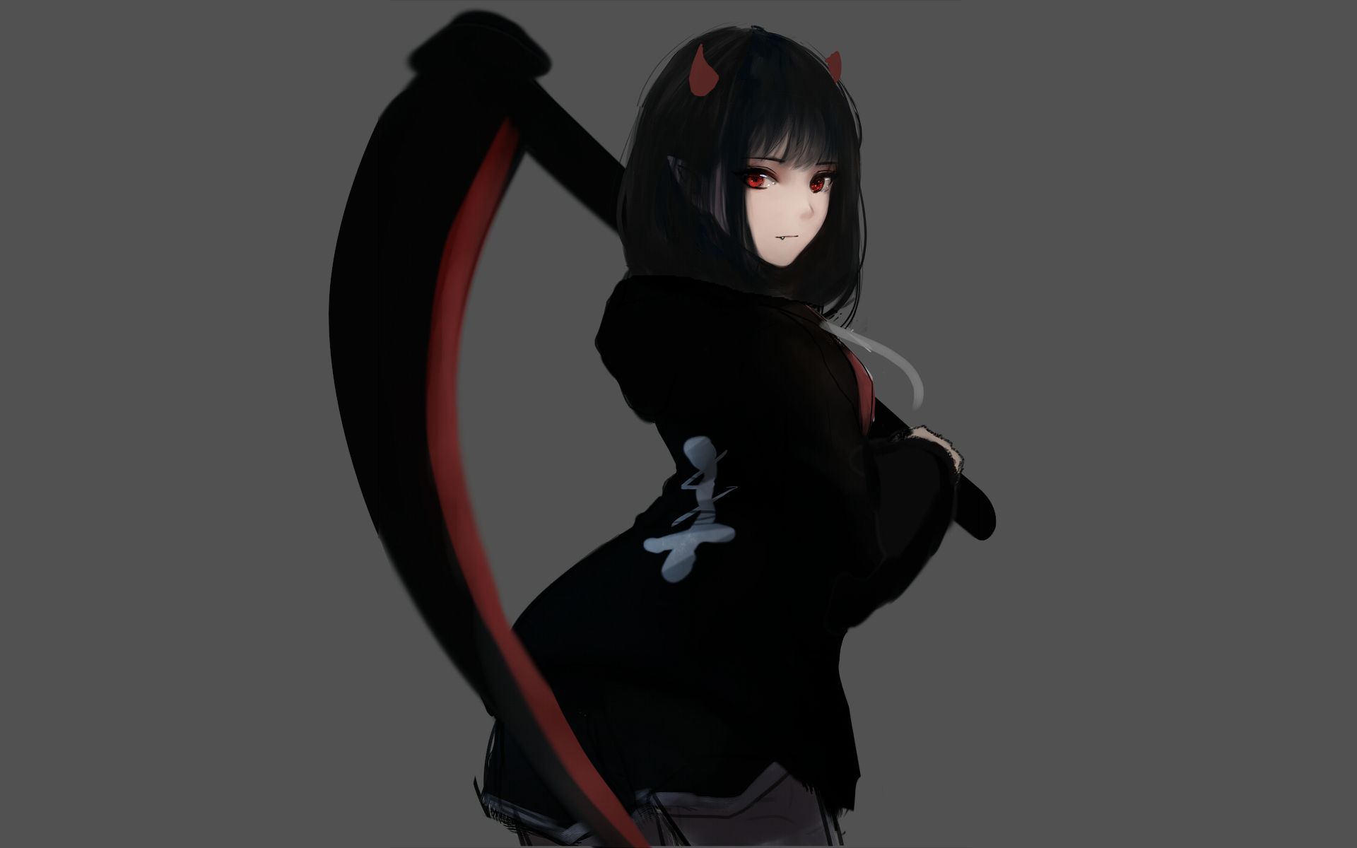 girl, anime, black hair, red eyes, scythe HD wallpaper