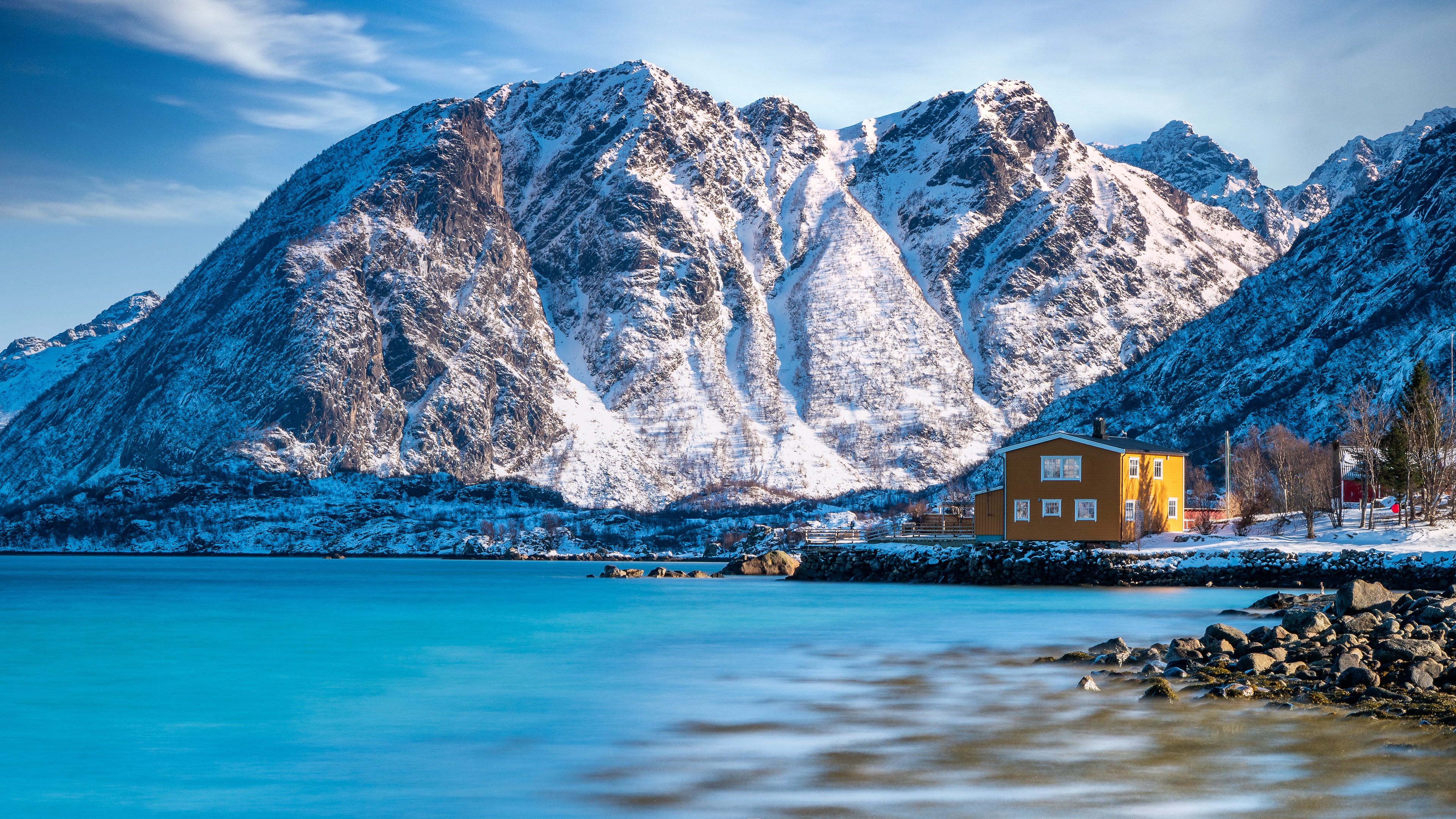 987807 скачать обои зима, фотографии, лофотенские острова, дом, гора, норвегия, снег - заставки и картинки бесплатно