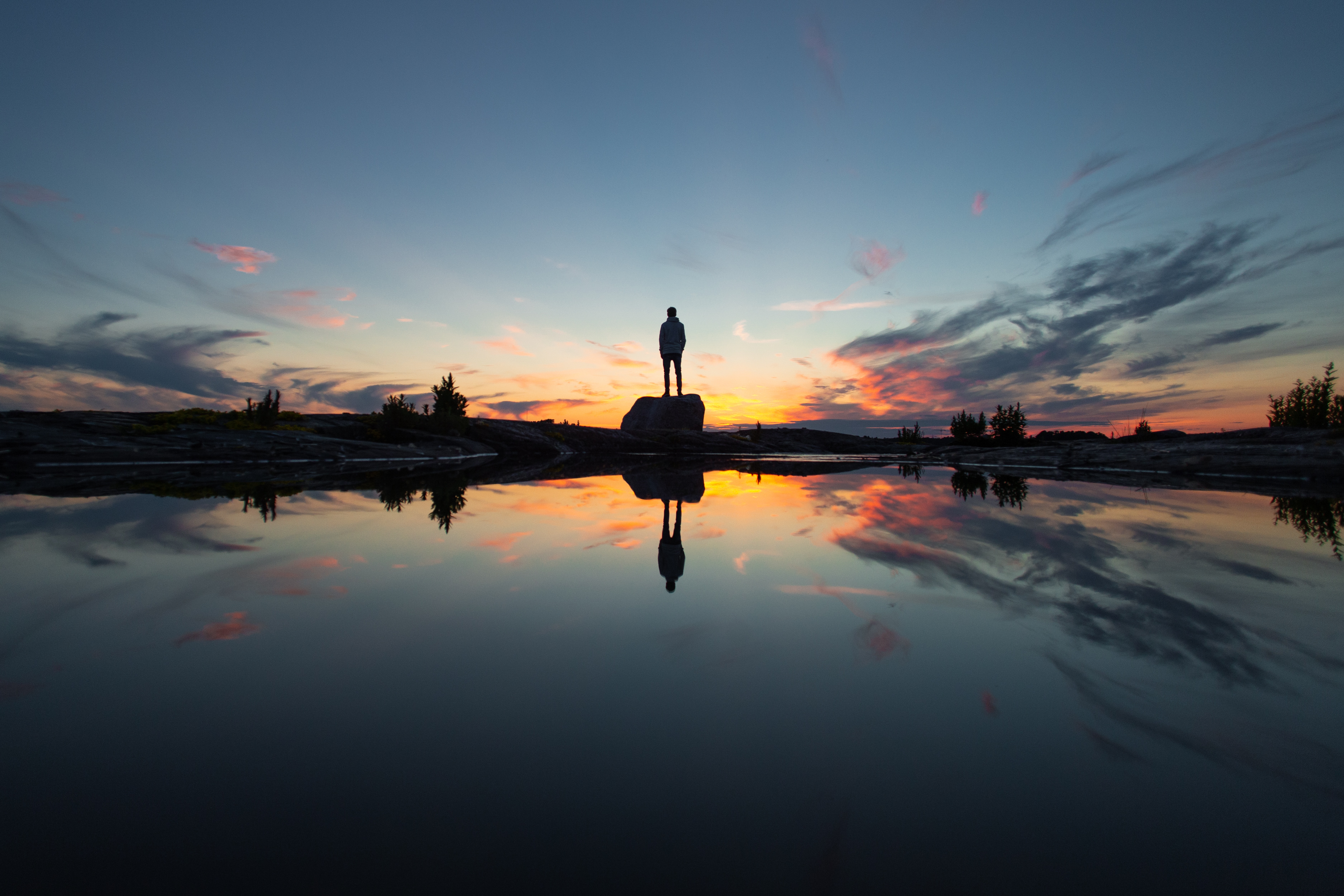 loneliness, miscellanea, water, rock, reflection, silhouette, miscellaneous Panoramic Wallpaper
