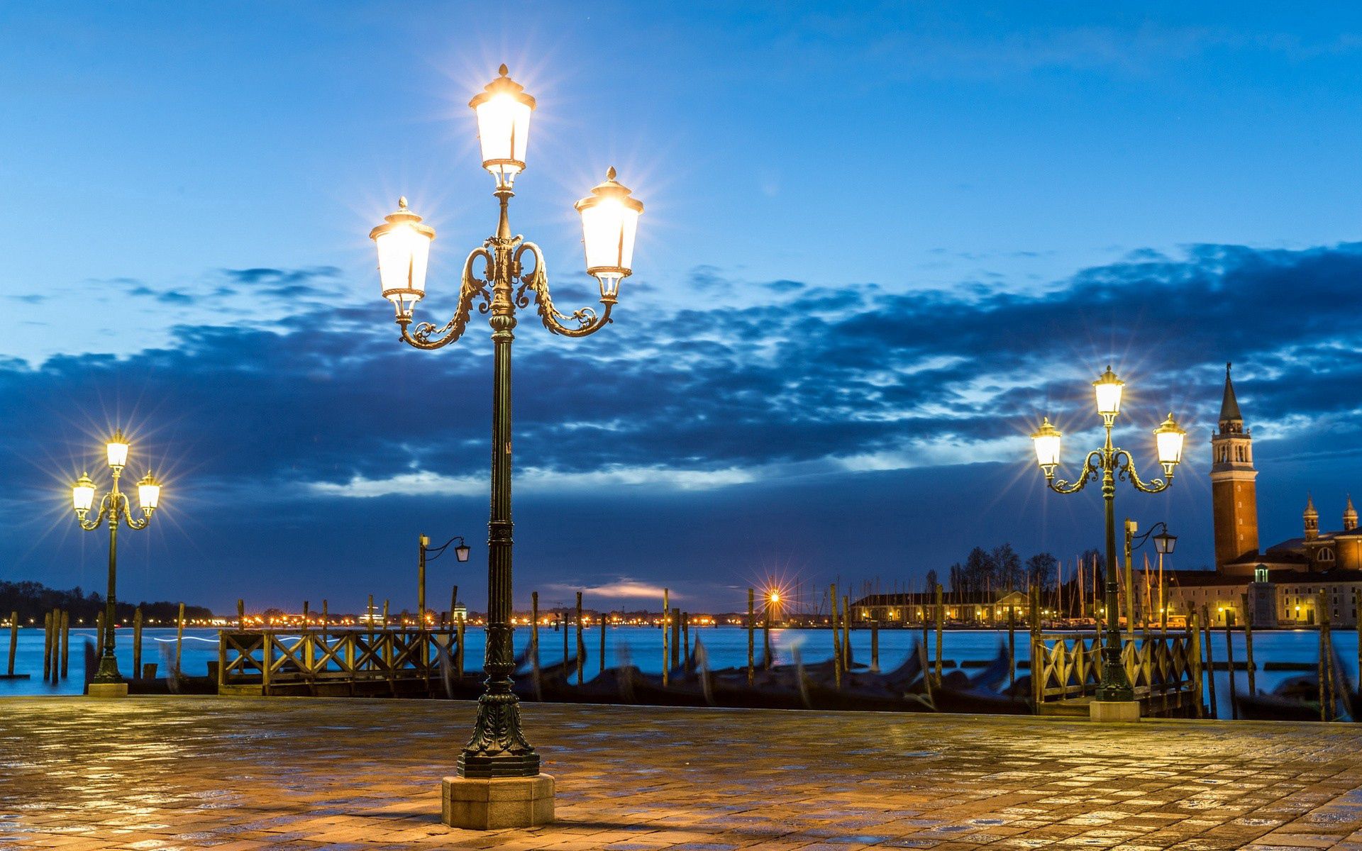 Download mobile wallpaper Venice, Shore, Bank, Cities, Lights, Lanterns, Tile, Night, Italy for free.