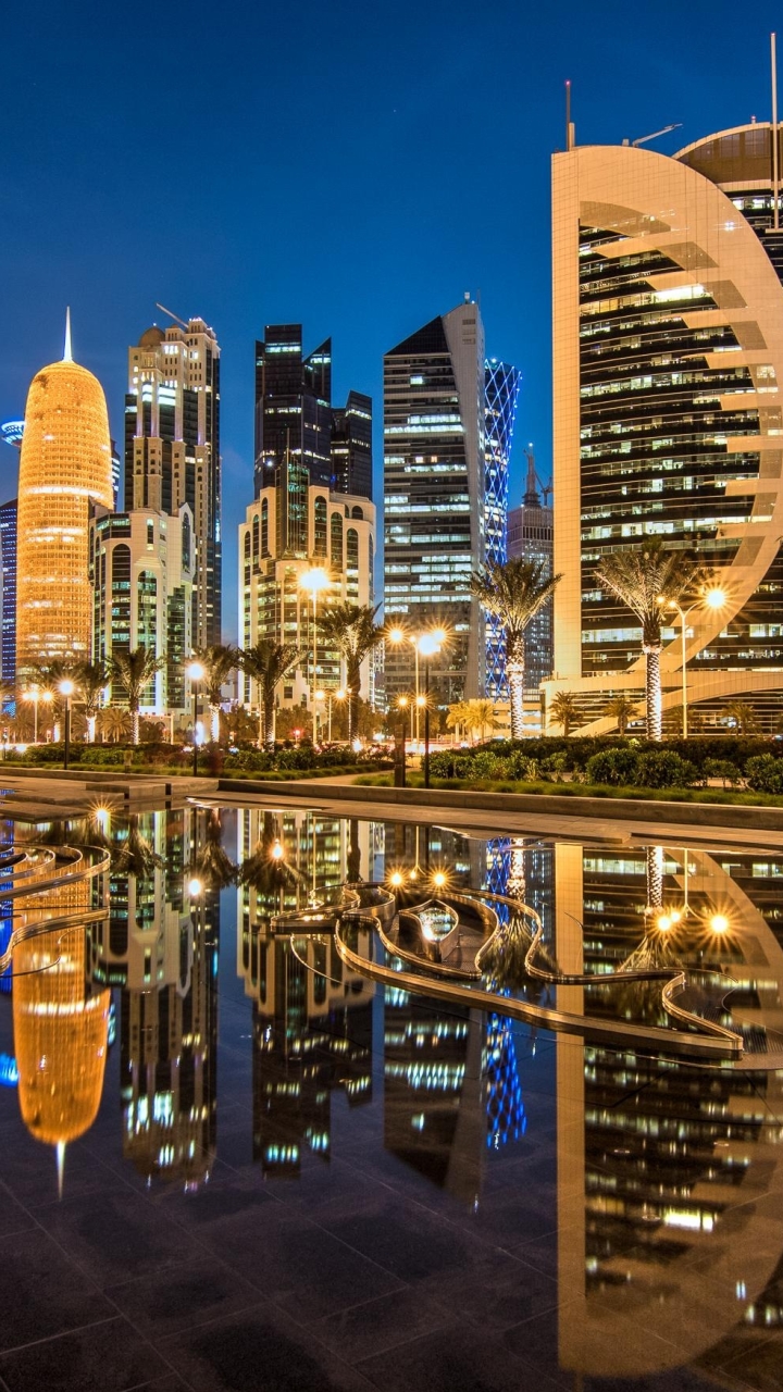 man made, doha, city, reflection, qatar, skyscraper, light, building, night, cities for android