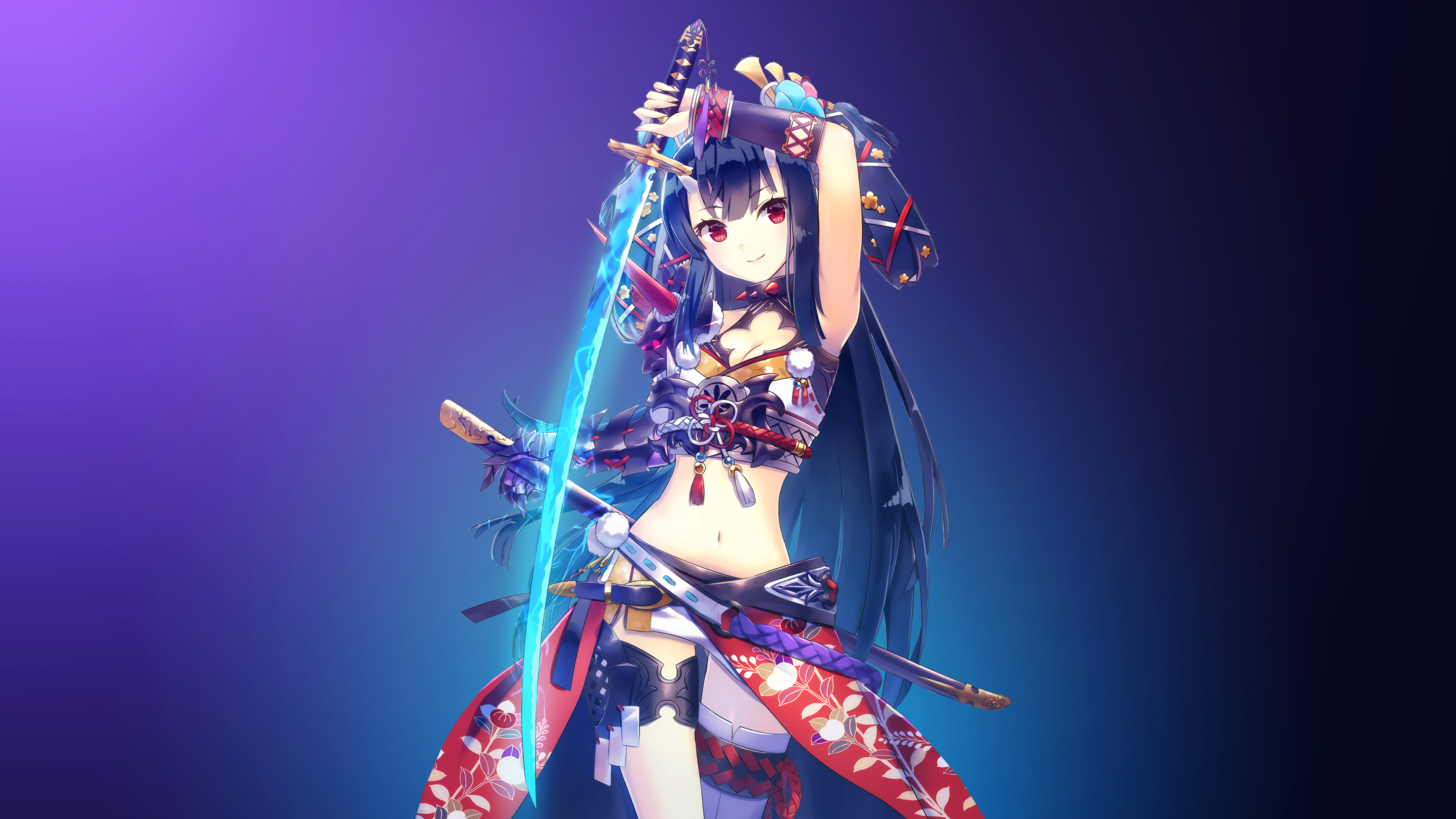 vertical wallpaper girl, anime, horns, long hair, red eyes, sword