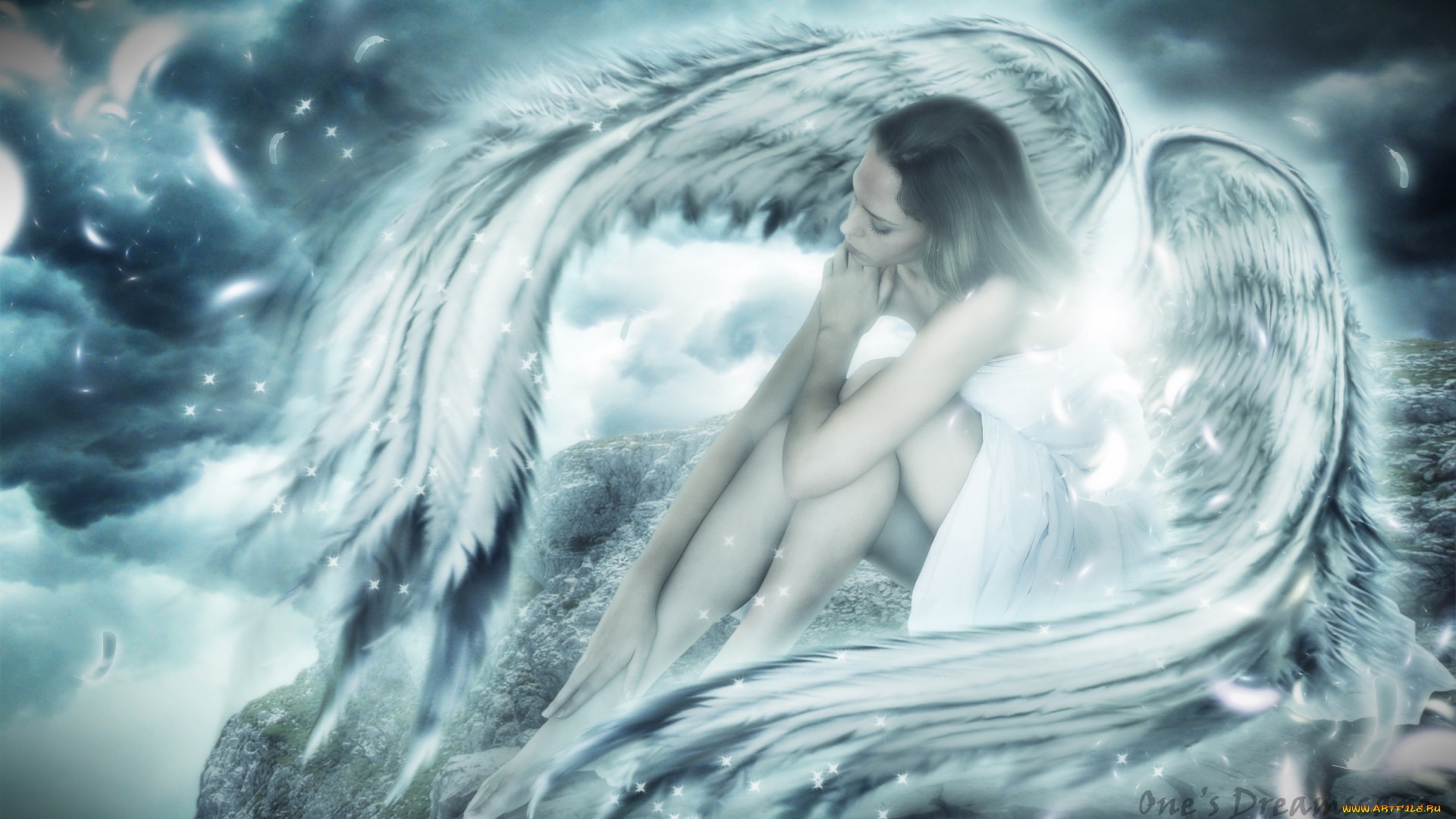 Ангел обнимает девушку крыльями