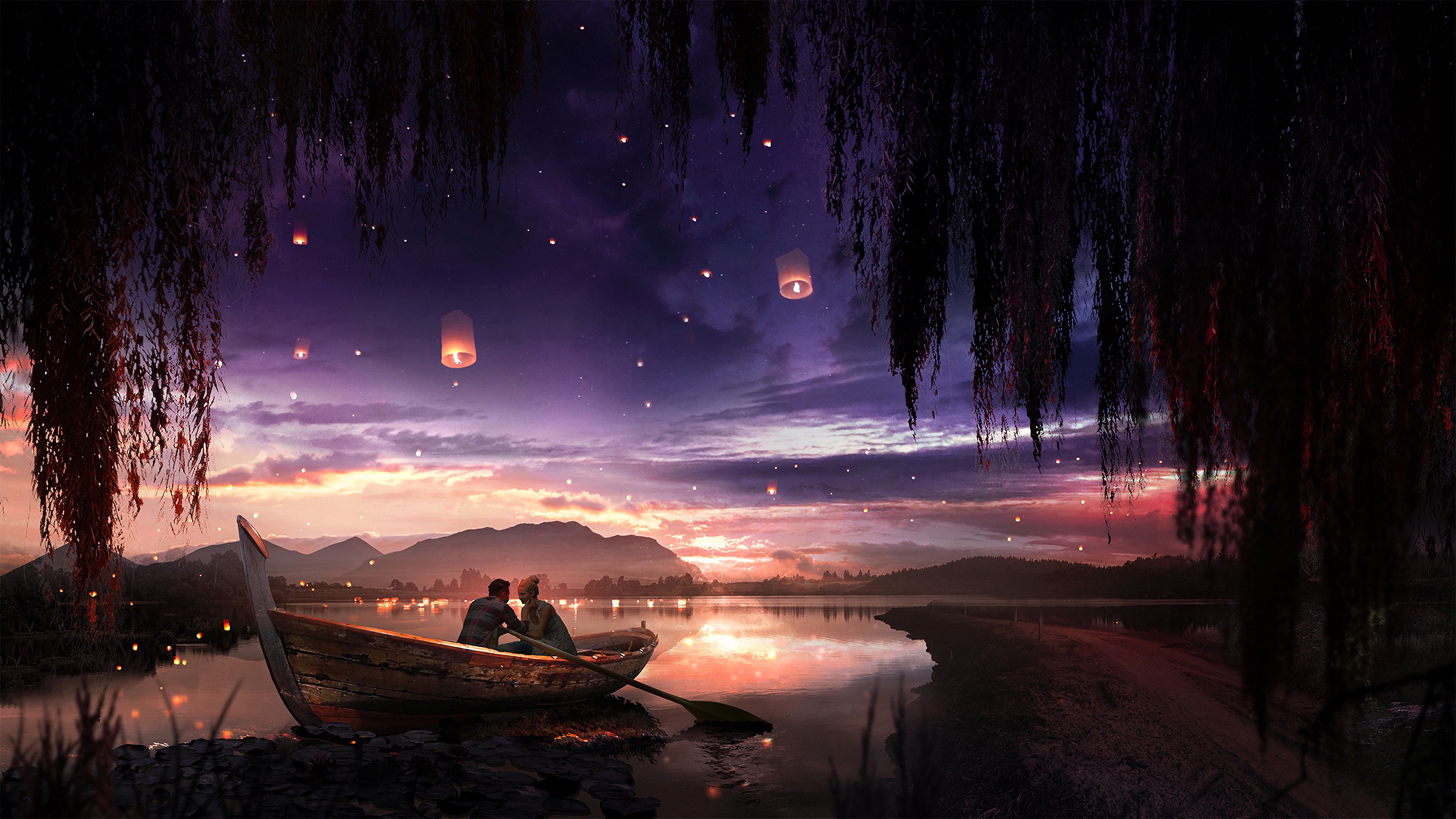 night, stars, romance, art, pair, boat, couple, love wallpapers for tablet