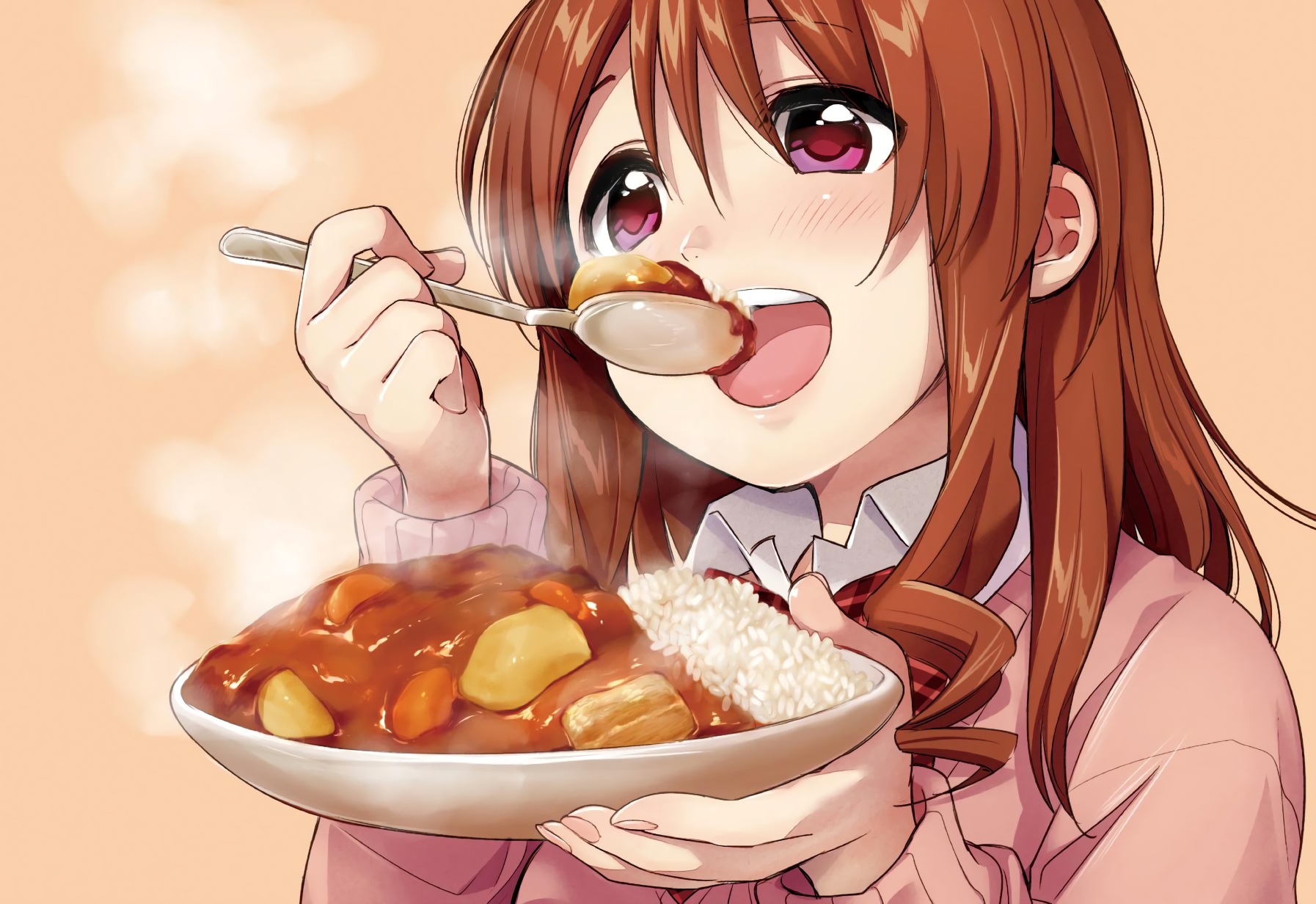 anime, gourmet girl graffiti, blush, brown hair, food, long hair, red eyes, rice, ryou machiko