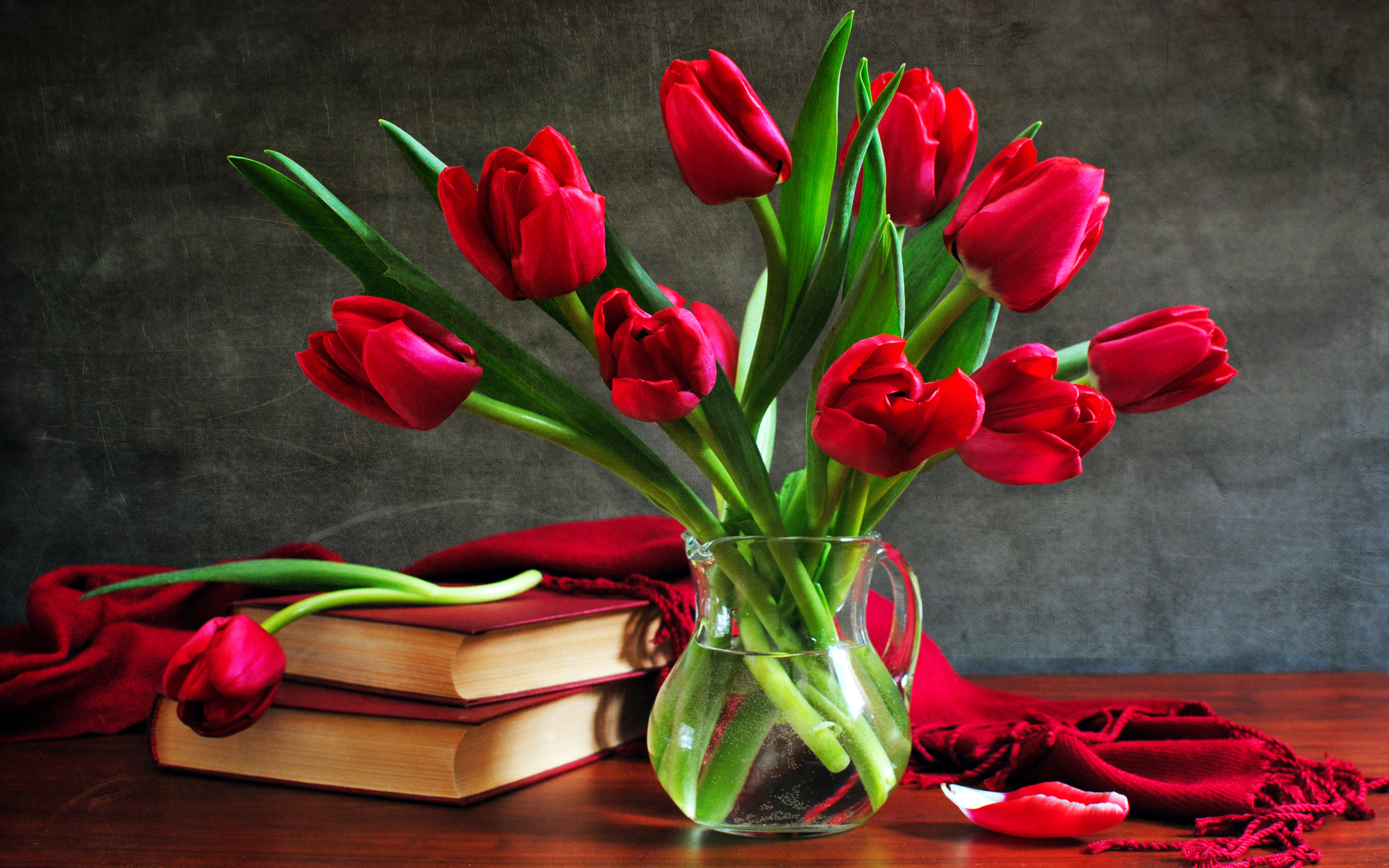 red flower, flower, tulip, still life, photography, book, pitcher, scarf Full HD
