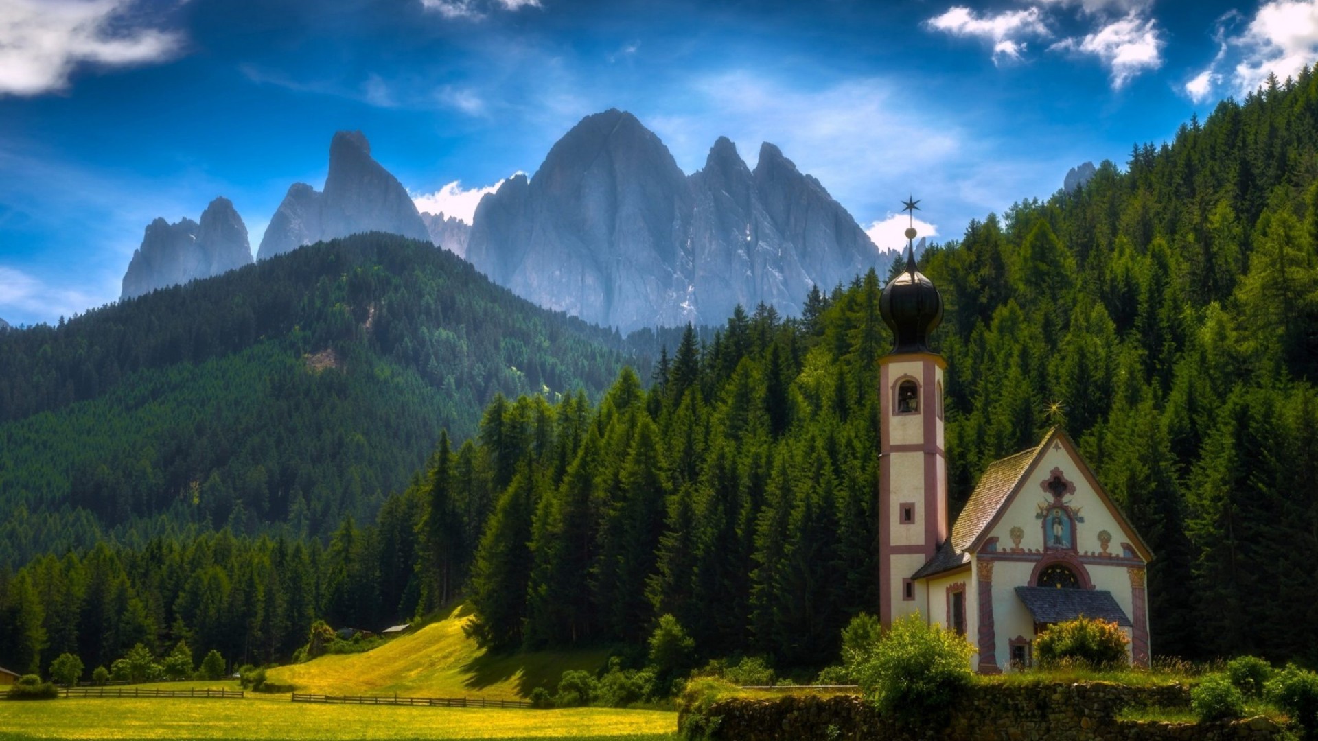 religious, chapel, forest, italy, mountain, santa maddalena, tree 4K Ultra