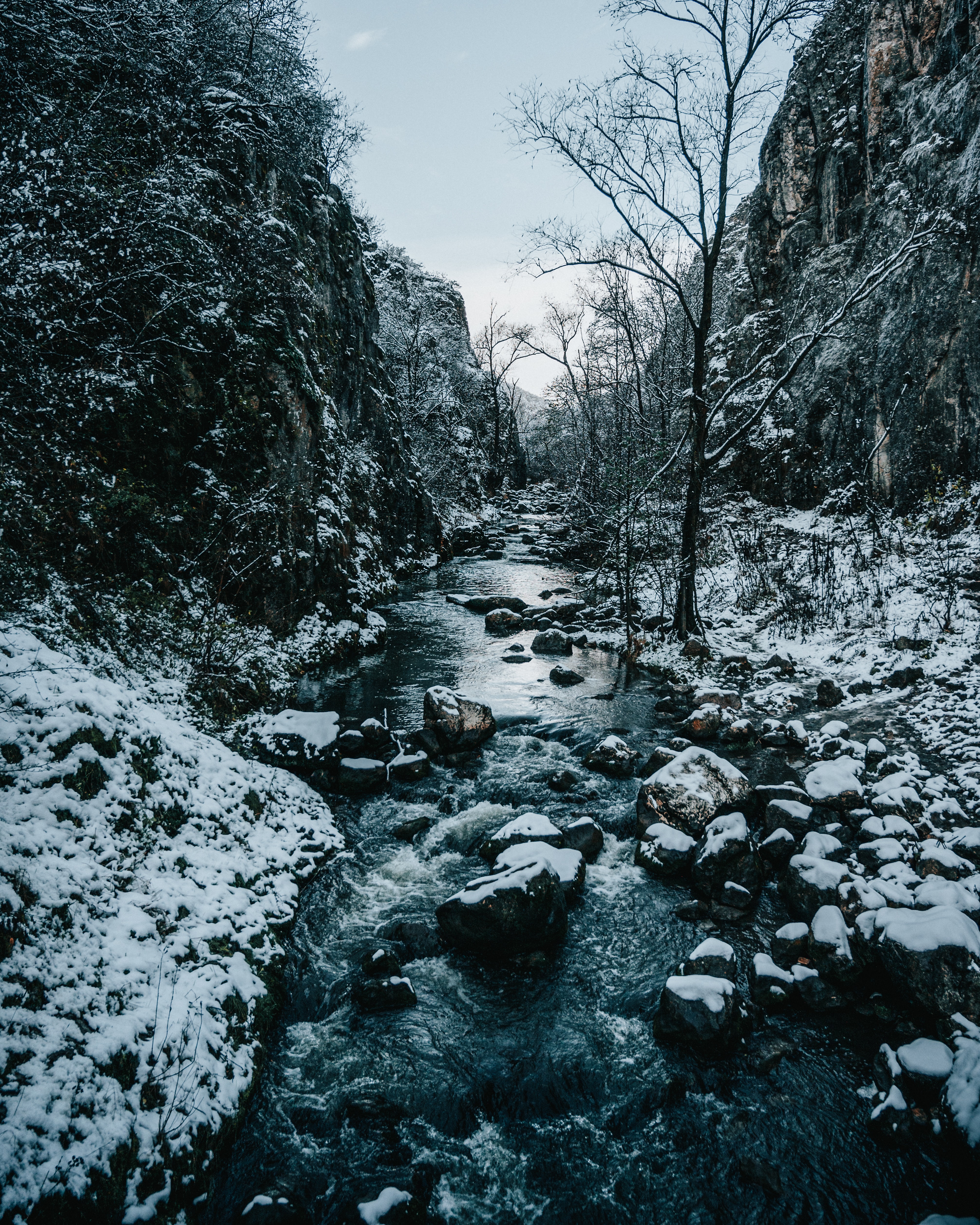Download mobile wallpaper Snow, Rocks, Winter, Rivers, Stones, Nature for free.