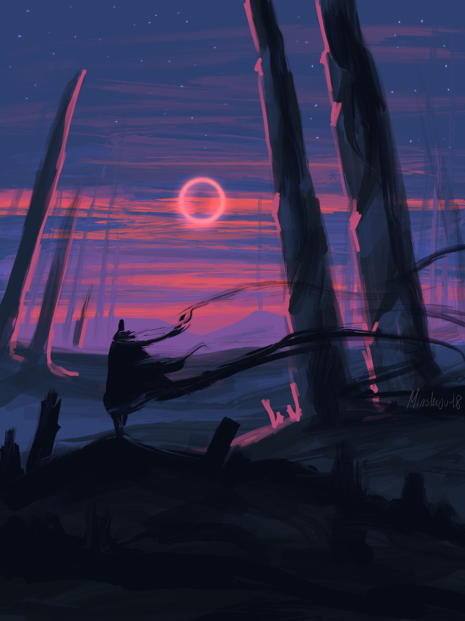 silhouette, art, trees, sunset, moon, lines