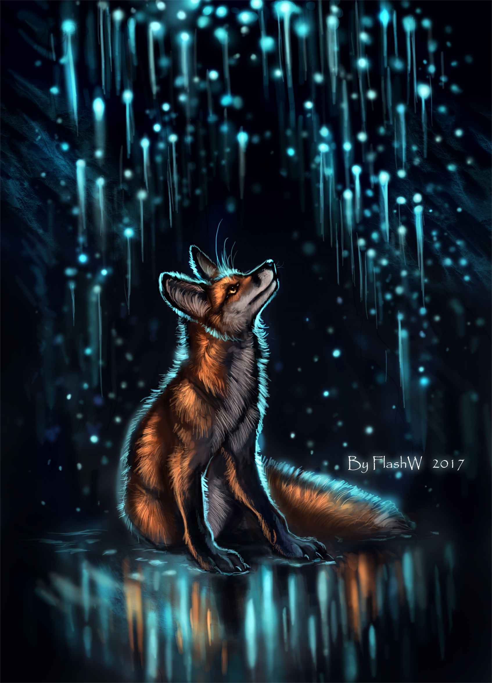 fox, glow, art, night, glare