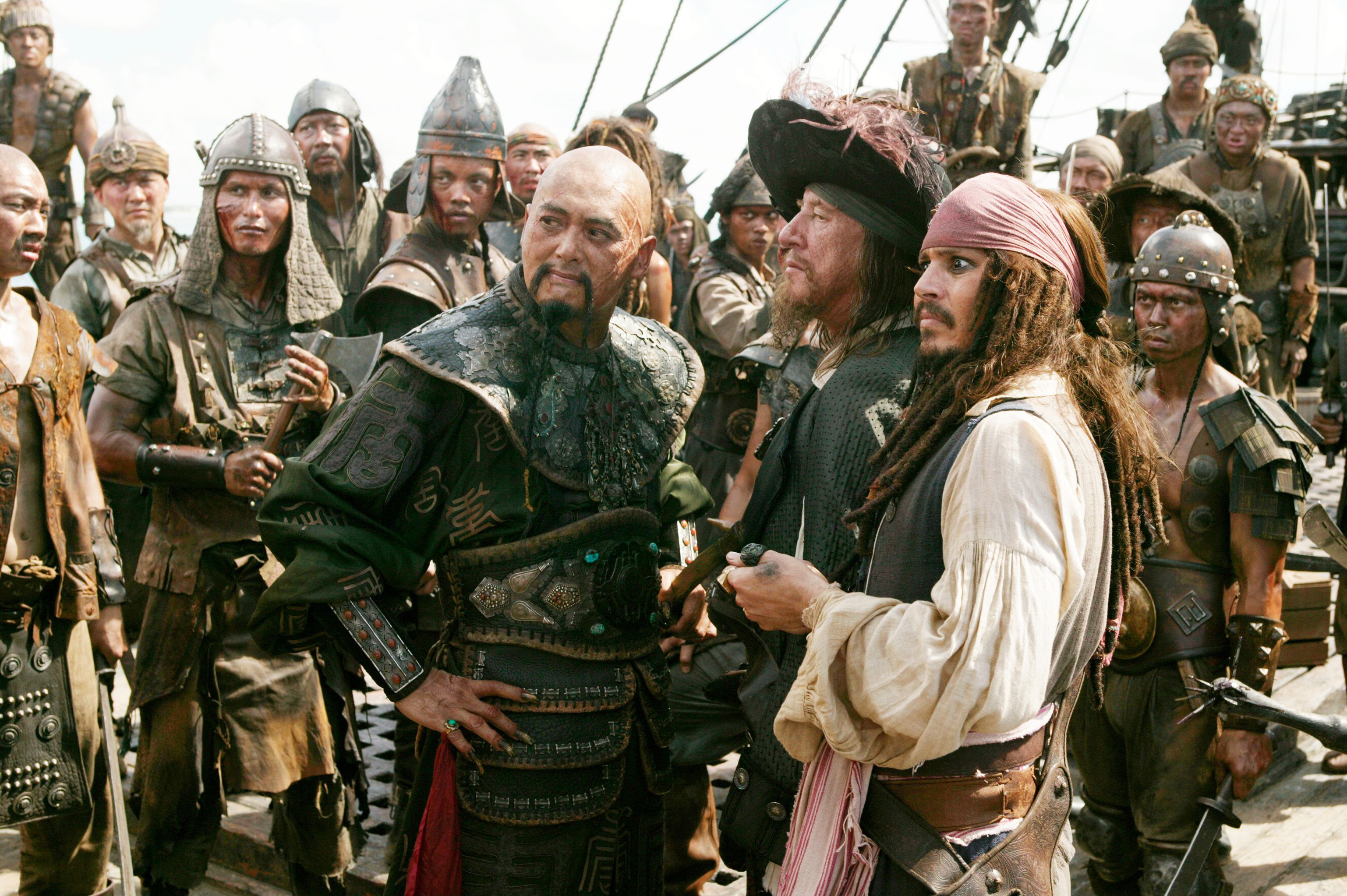hector barbossa, movie, pirates of the caribbean: at world's end, captain sao feng, chow yun fat, geoffrey rush, jack sparrow, johnny depp, pirates of the caribbean for android