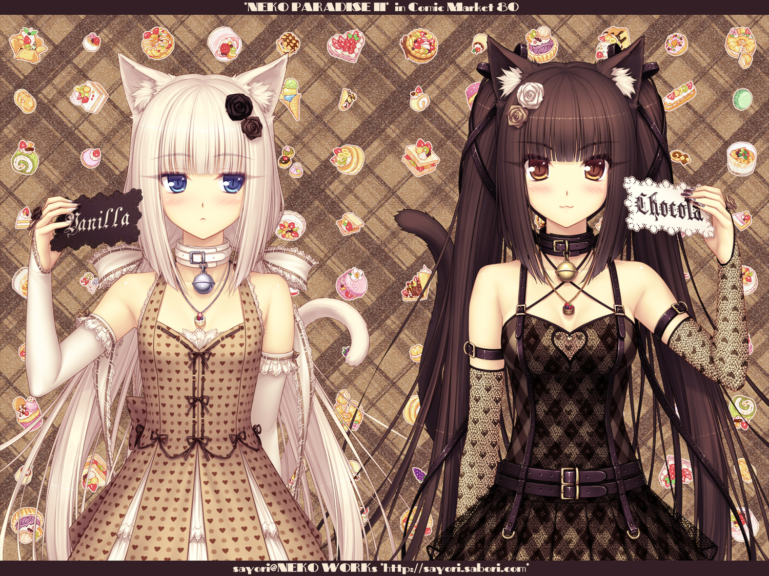 animal ears, anime, nekopara, bell, belt, black dress, blush, chocola (nekopara), collar, dress, tail, vanilla (nekopara) iphone wallpaper