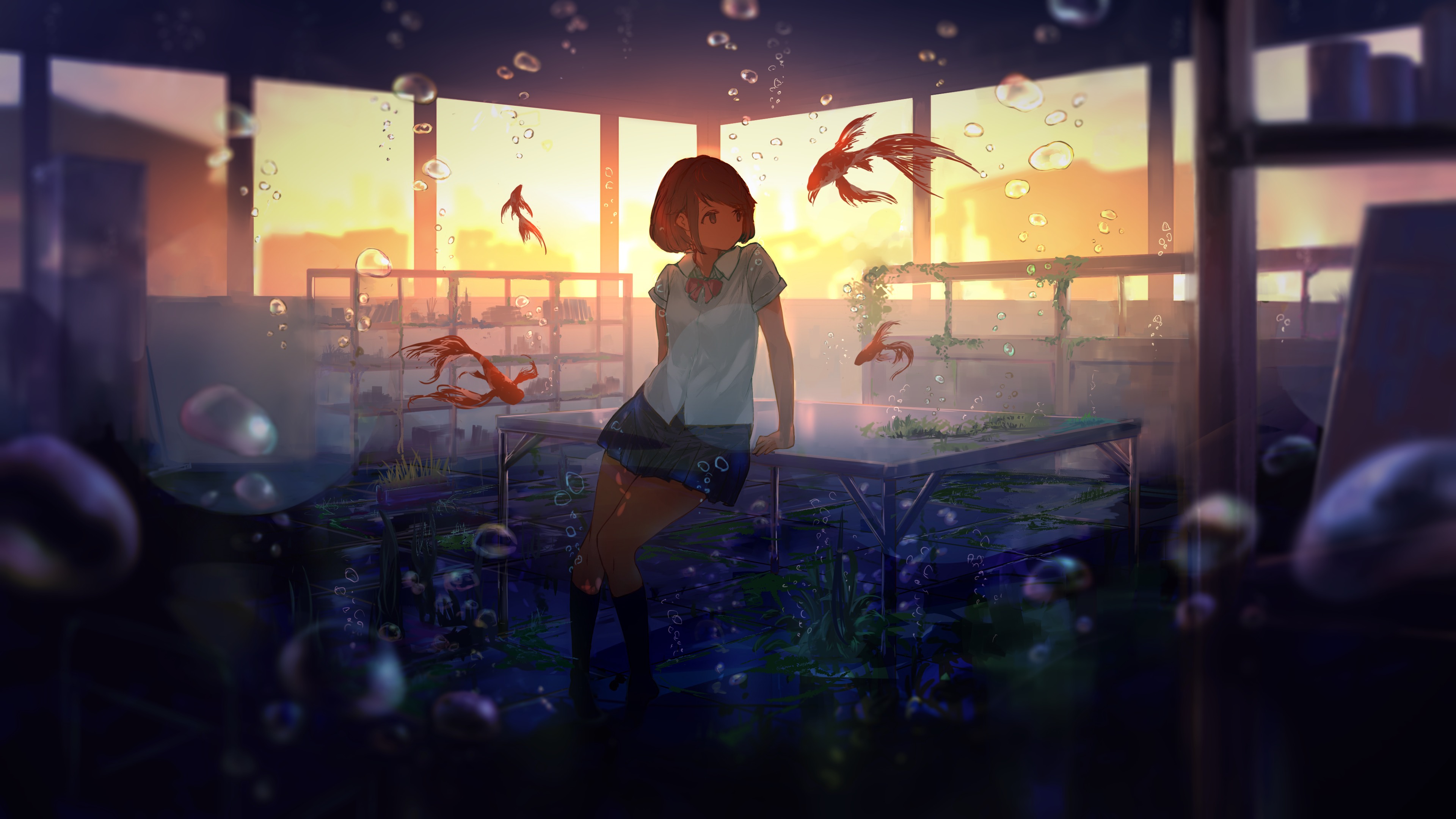 Download mobile wallpaper Anime, Water, Sunset, Fish, Bubble, Original, Short Hair for free.