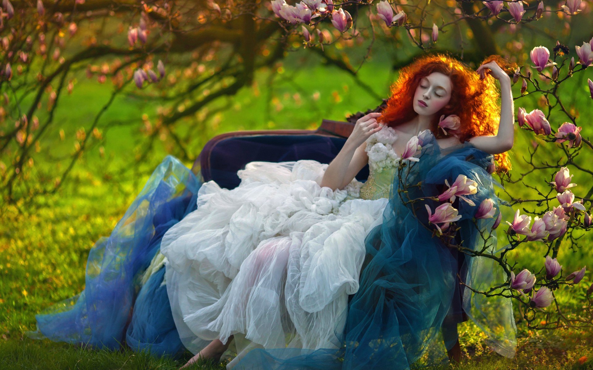 women, mood, chair, dress, magnolia, redhead