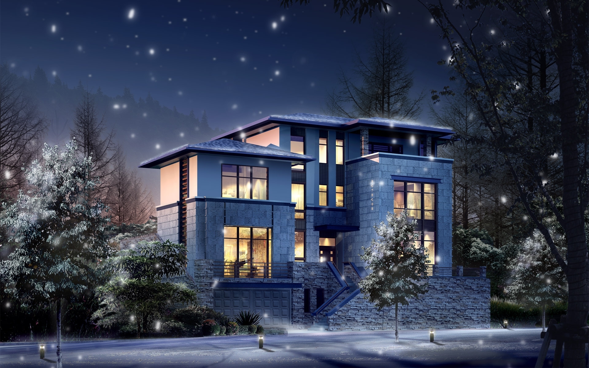 houses, blue, landscape, winter, night, architecture, snow