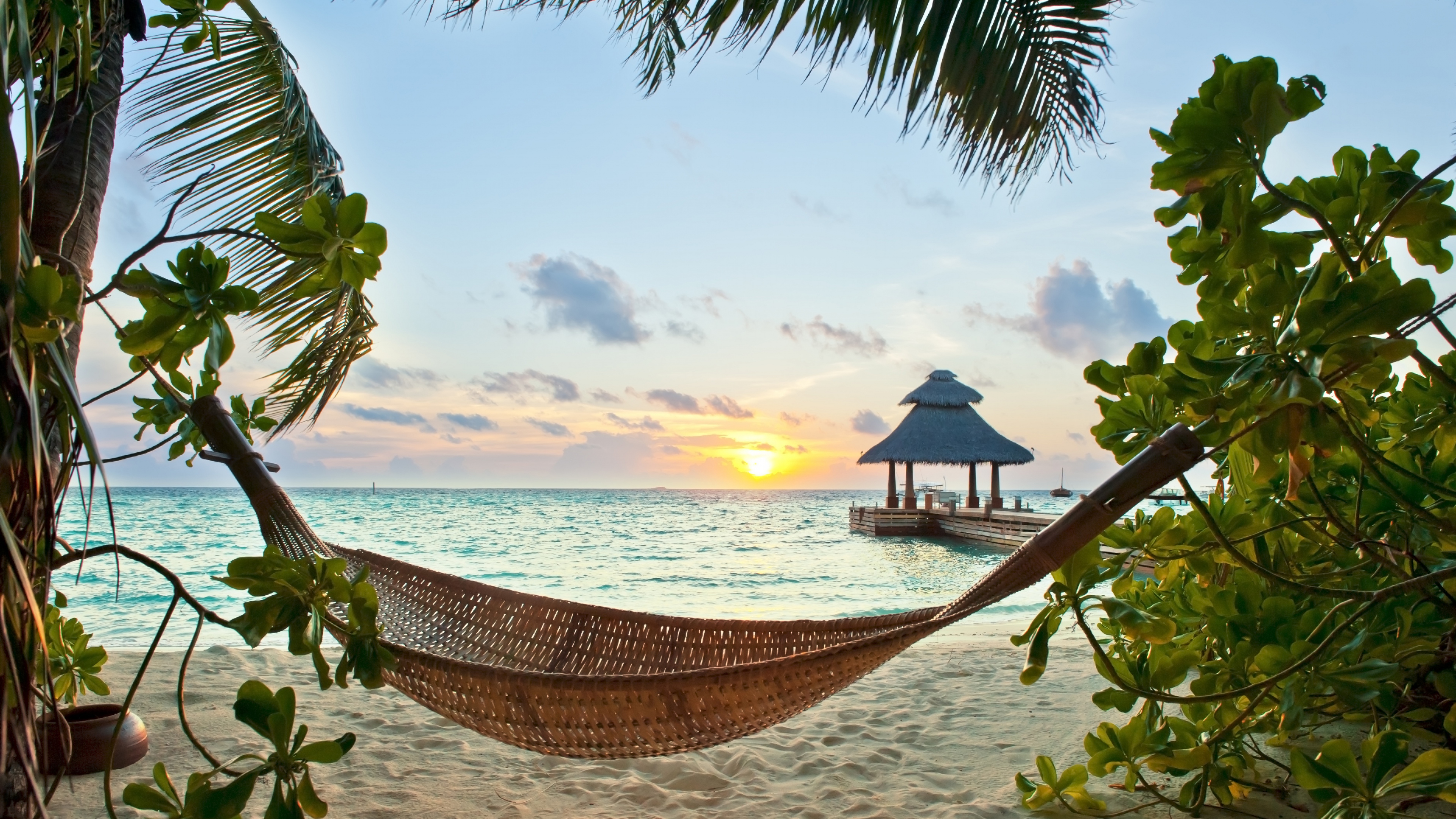 tropics, sea, sunset, beach, man made, hammock