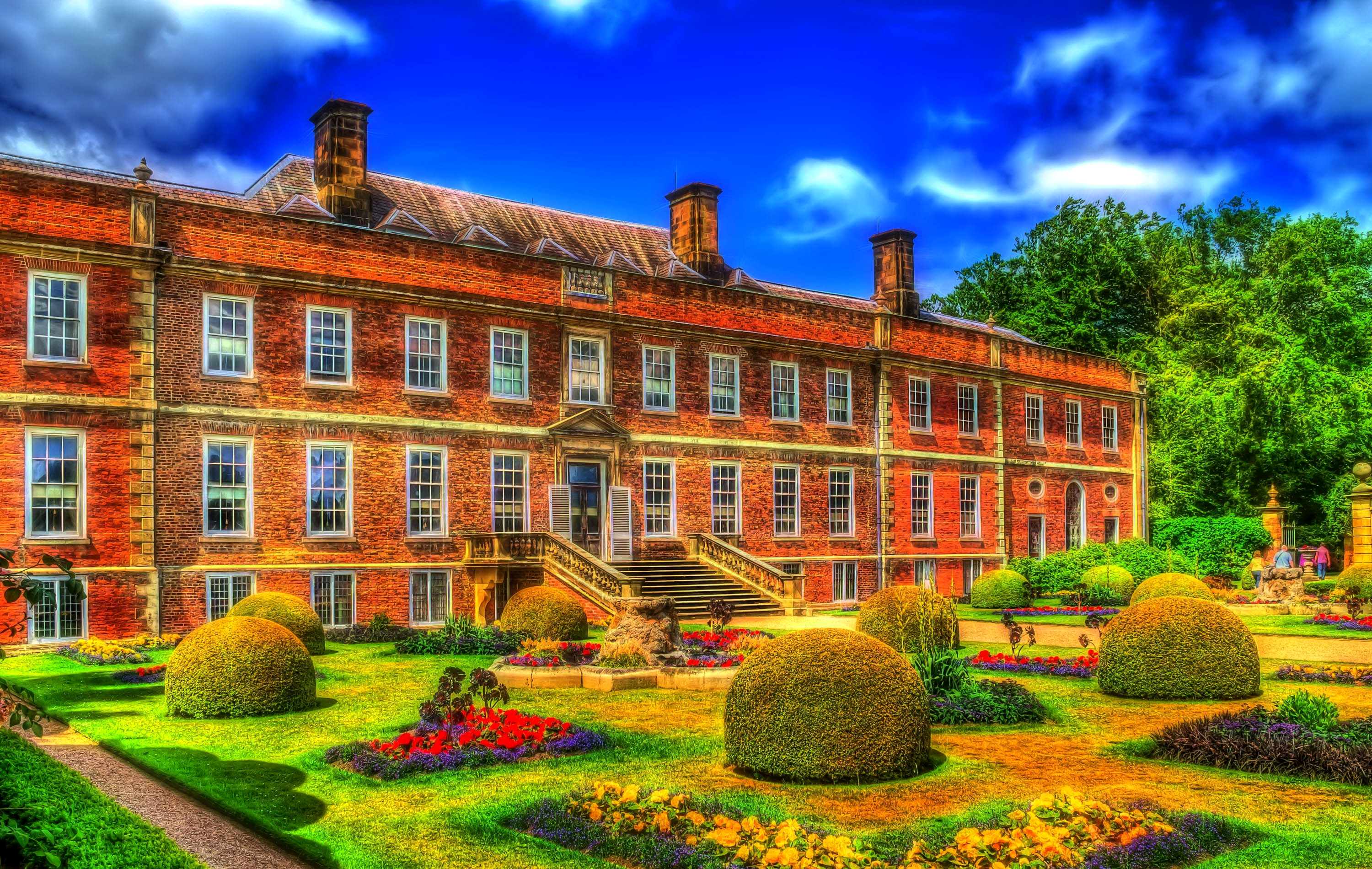 hdr, photography, building, bush, colorful, erddig hall, flower, garden, man made, wales