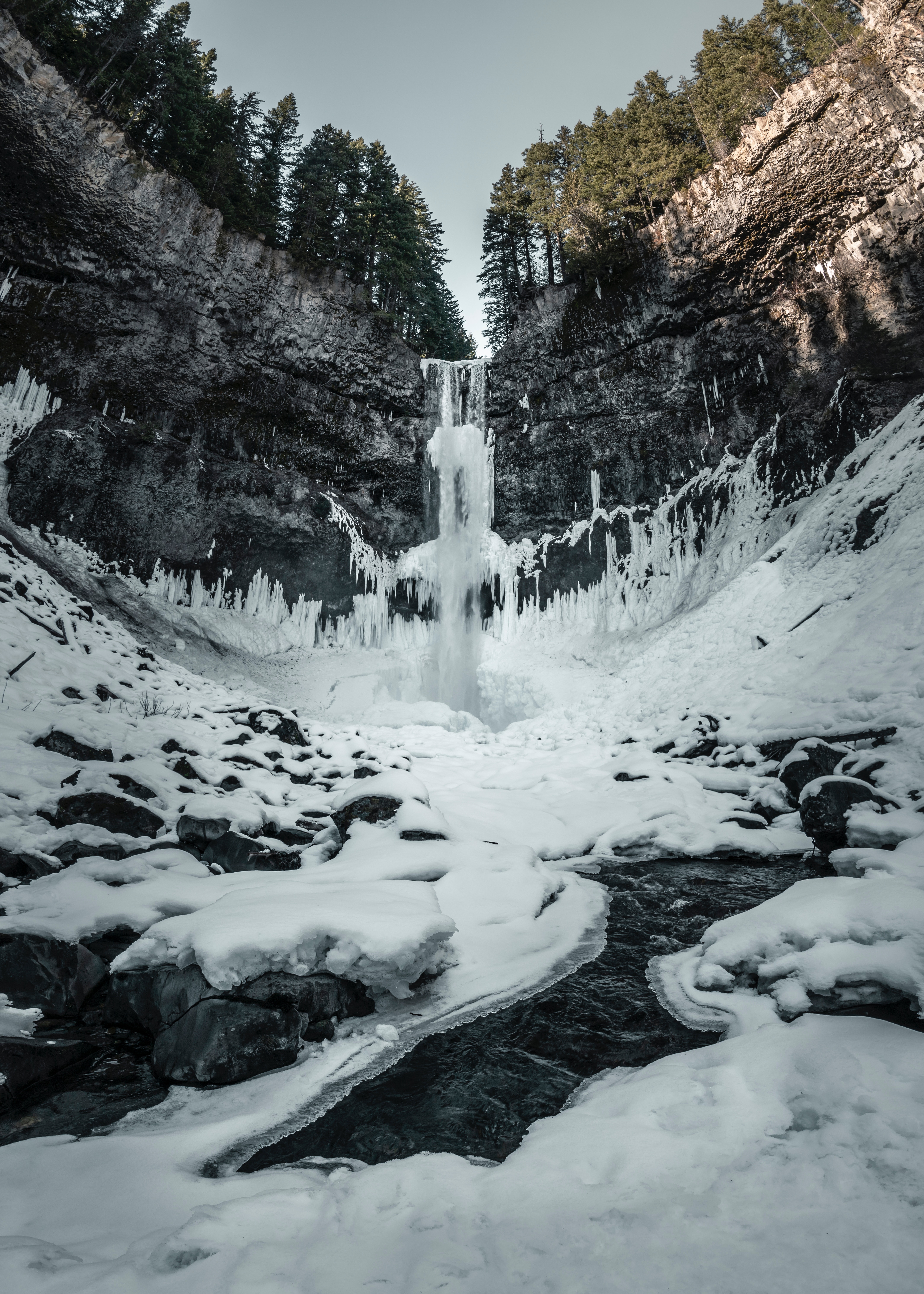 waterfall, nature, trees, ice, snow, precipice, break